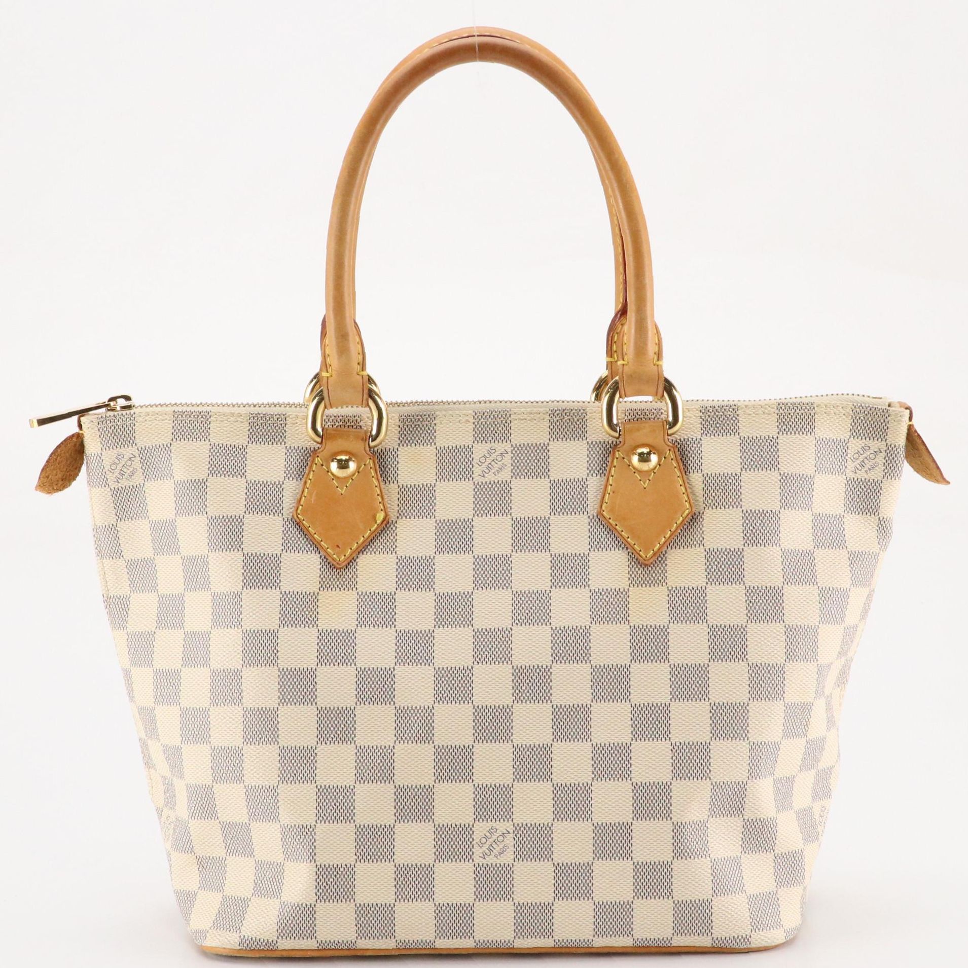 Louis Vuitton Saleya PM Shoulder Bag in Damier Azur Canvas and Brown Leather