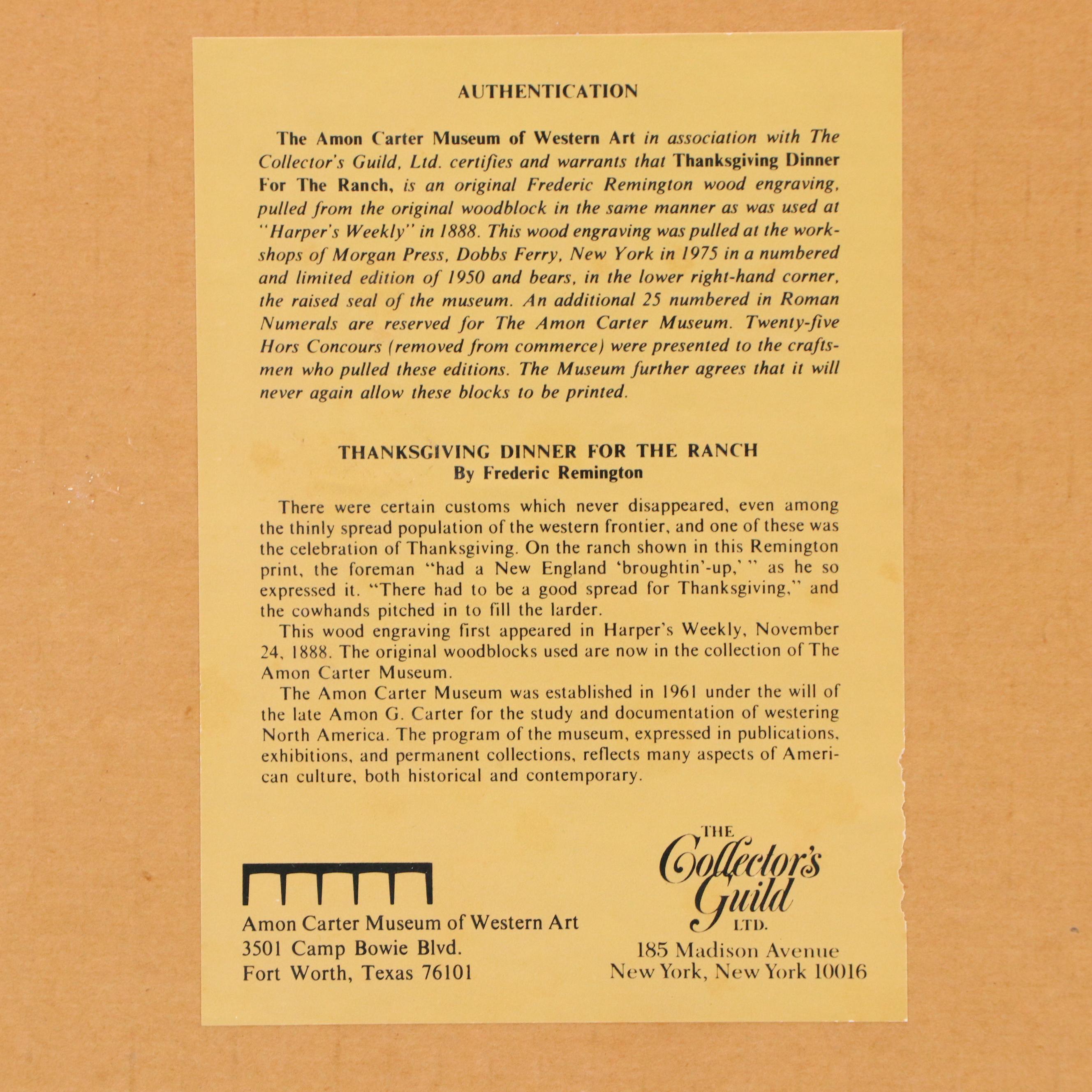 Frederic Remington Restrike Wood Engraving "Thanksgiving Dinner for the Ranch"