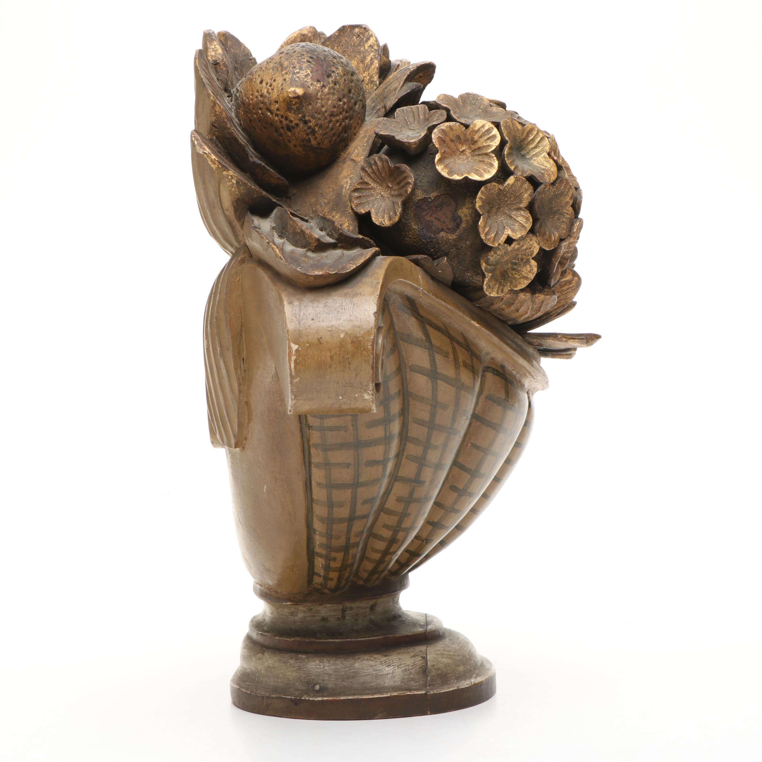 Carved Wood Flower Basket Figure