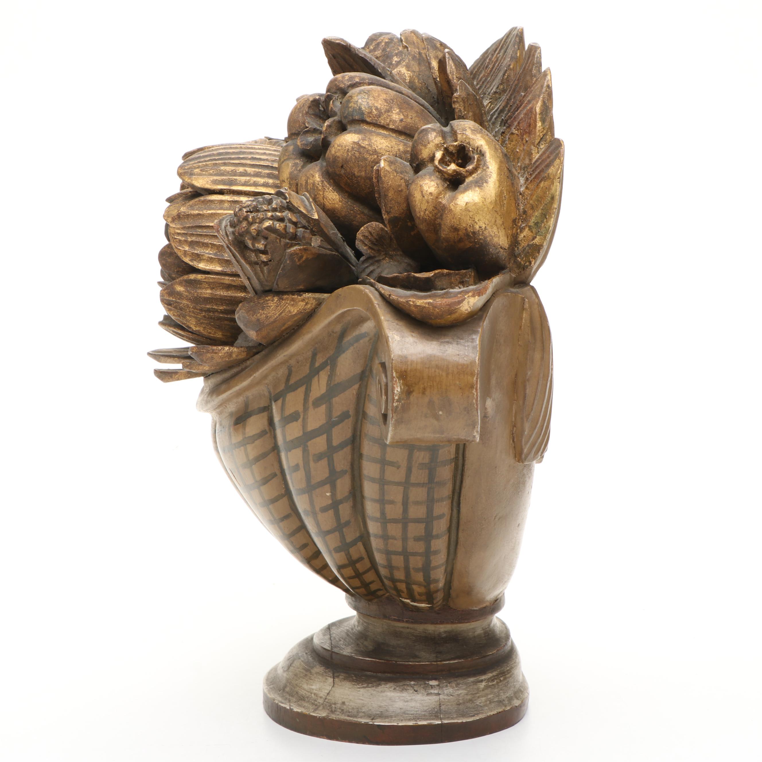 Carved Wood Flower Basket Figure