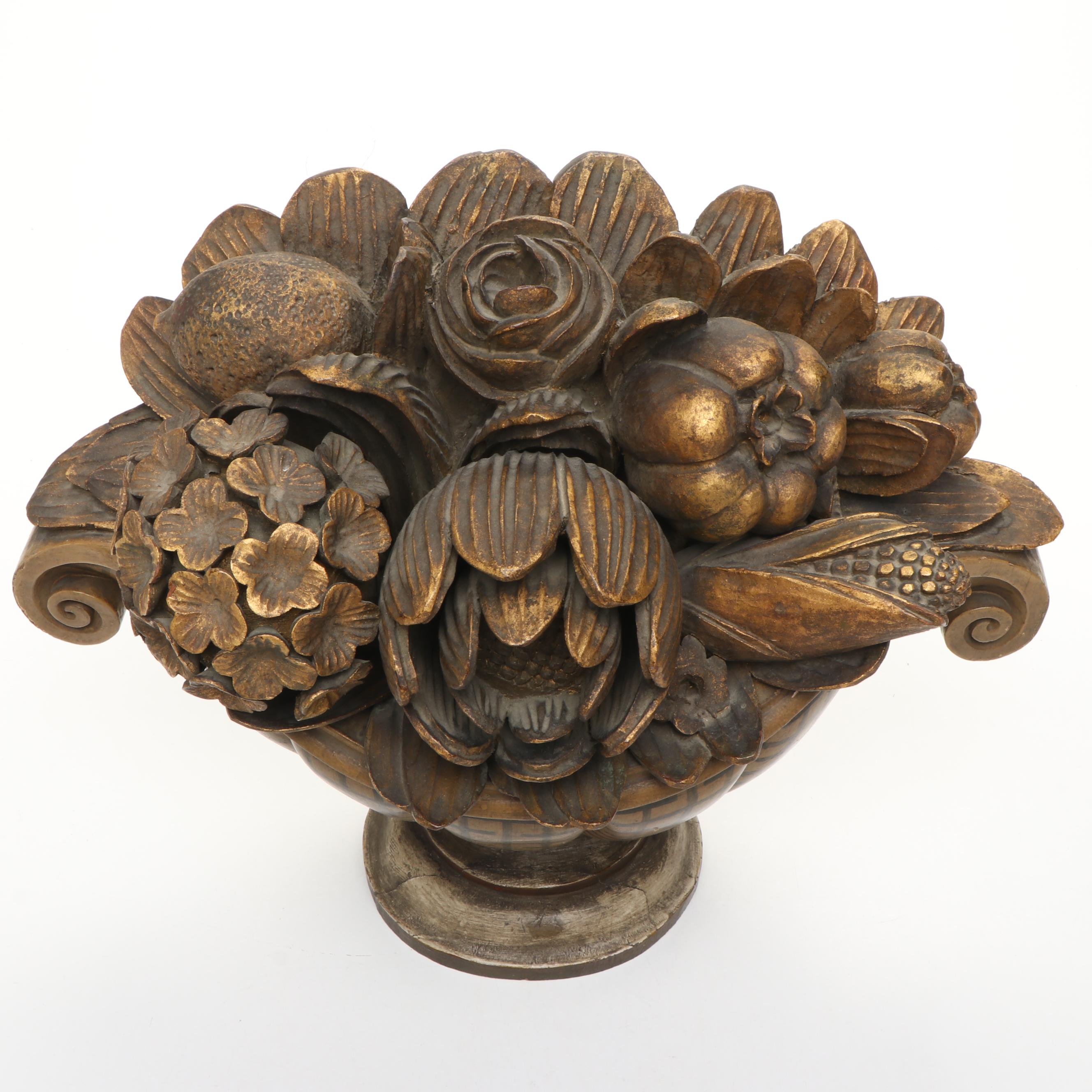 Carved Wood Flower Basket Figure