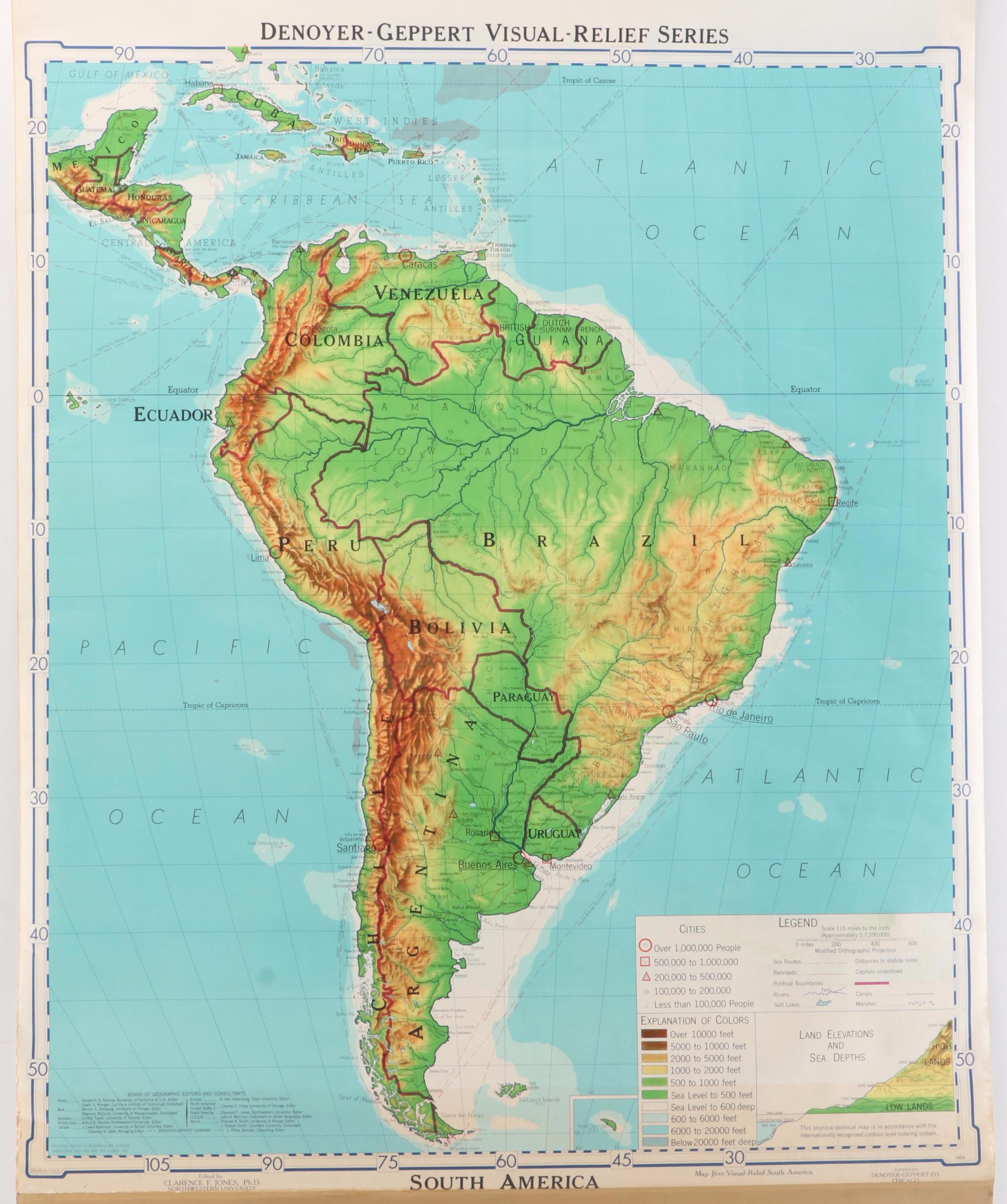 Denoyer-Geppert Co. South America Visual Relief Pull Down Map