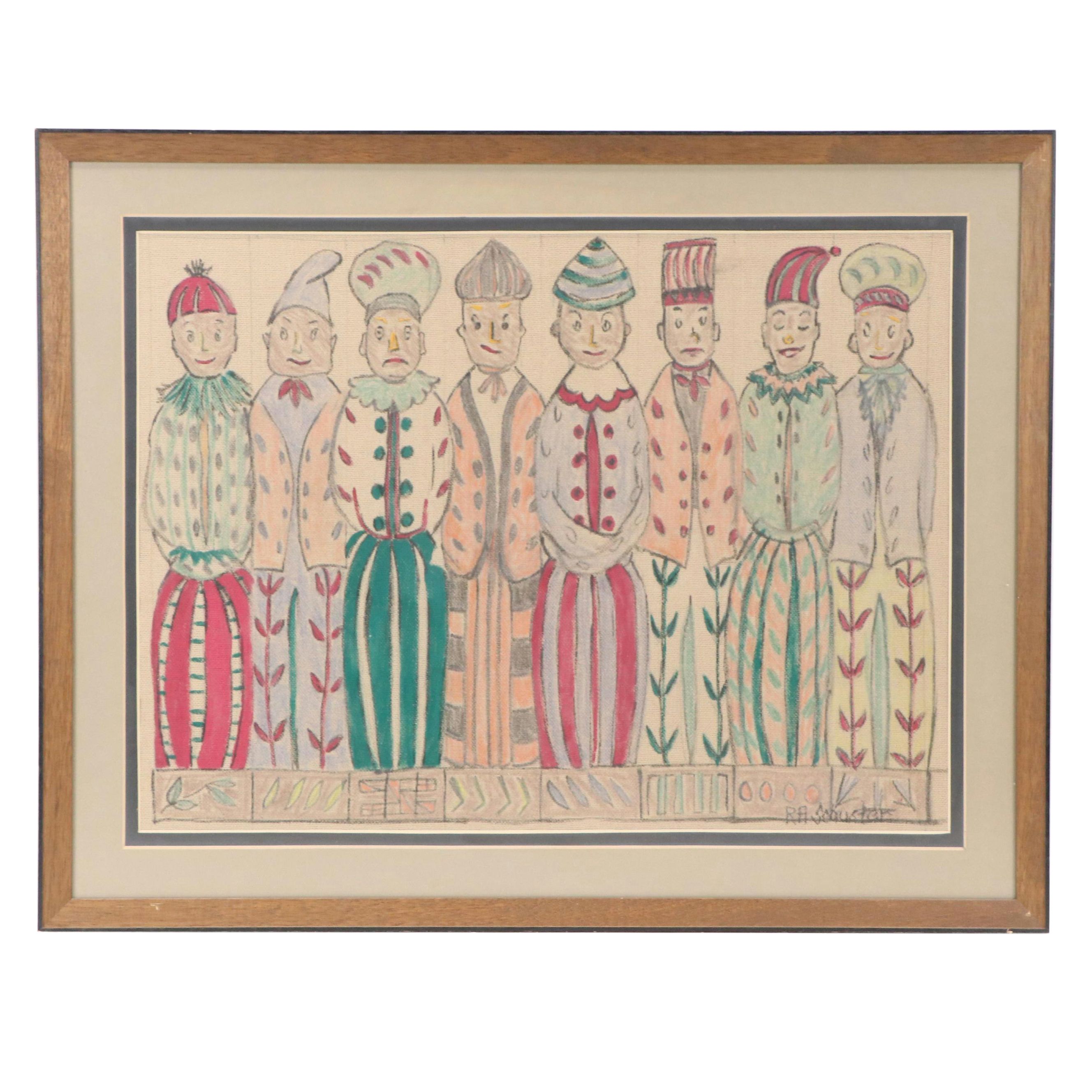 R. A. Schuster Figural Mixed Media Painting, Late 20th Century