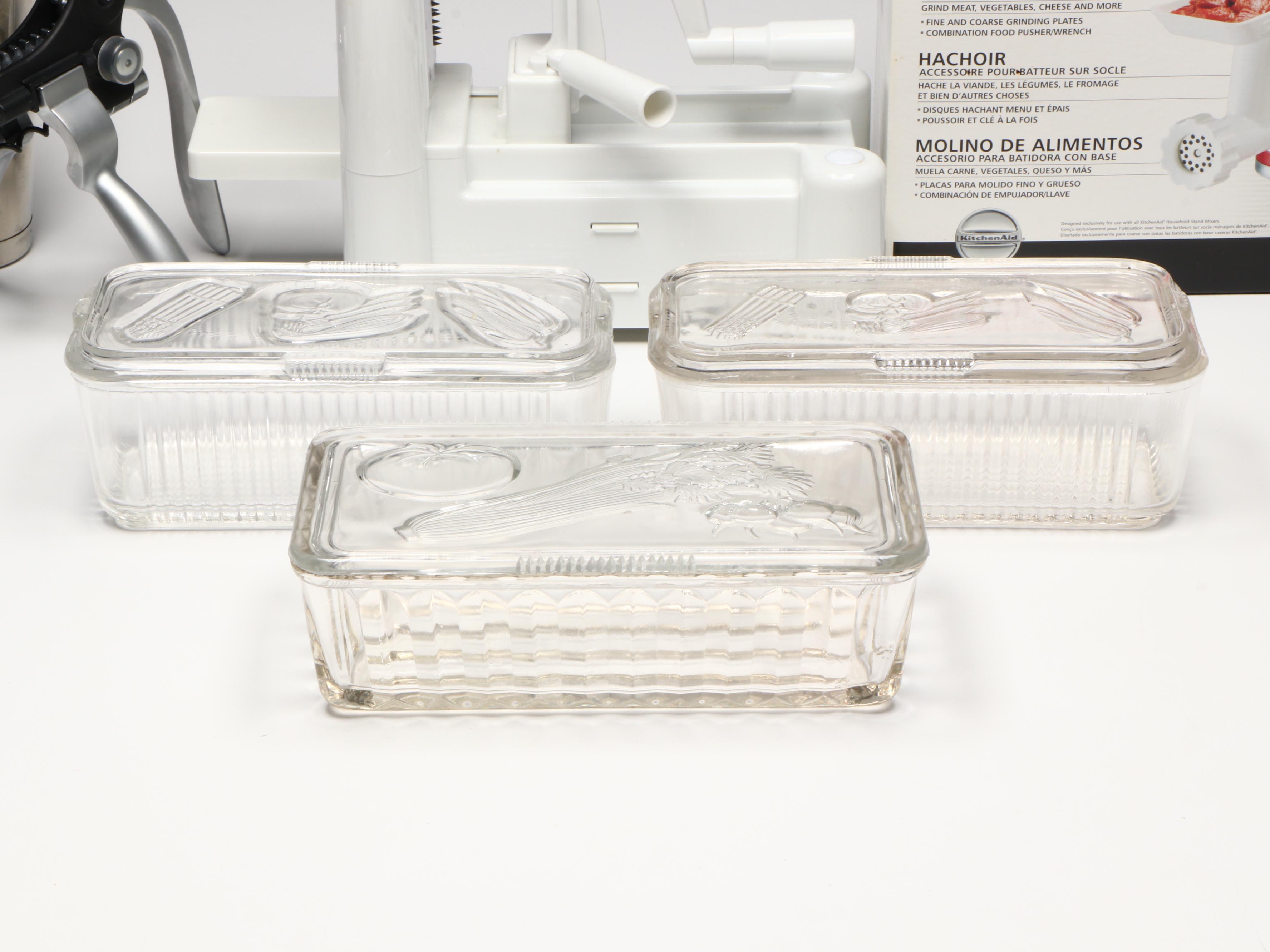 KitchenAid Food Grinder with Glass Containers and Other Kitchenware