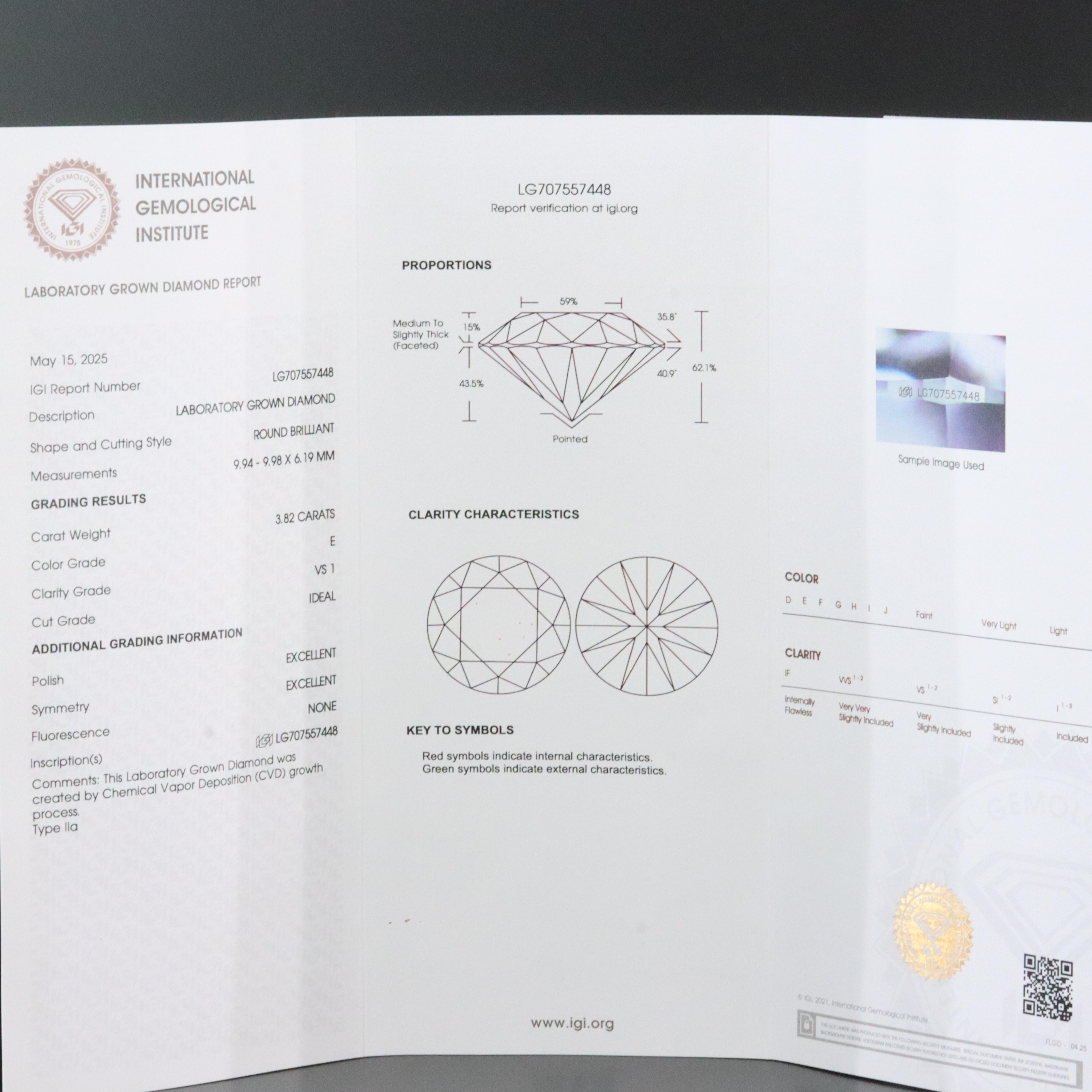 Loose 3.82 CT Lab Grown Diamond with IGI Report