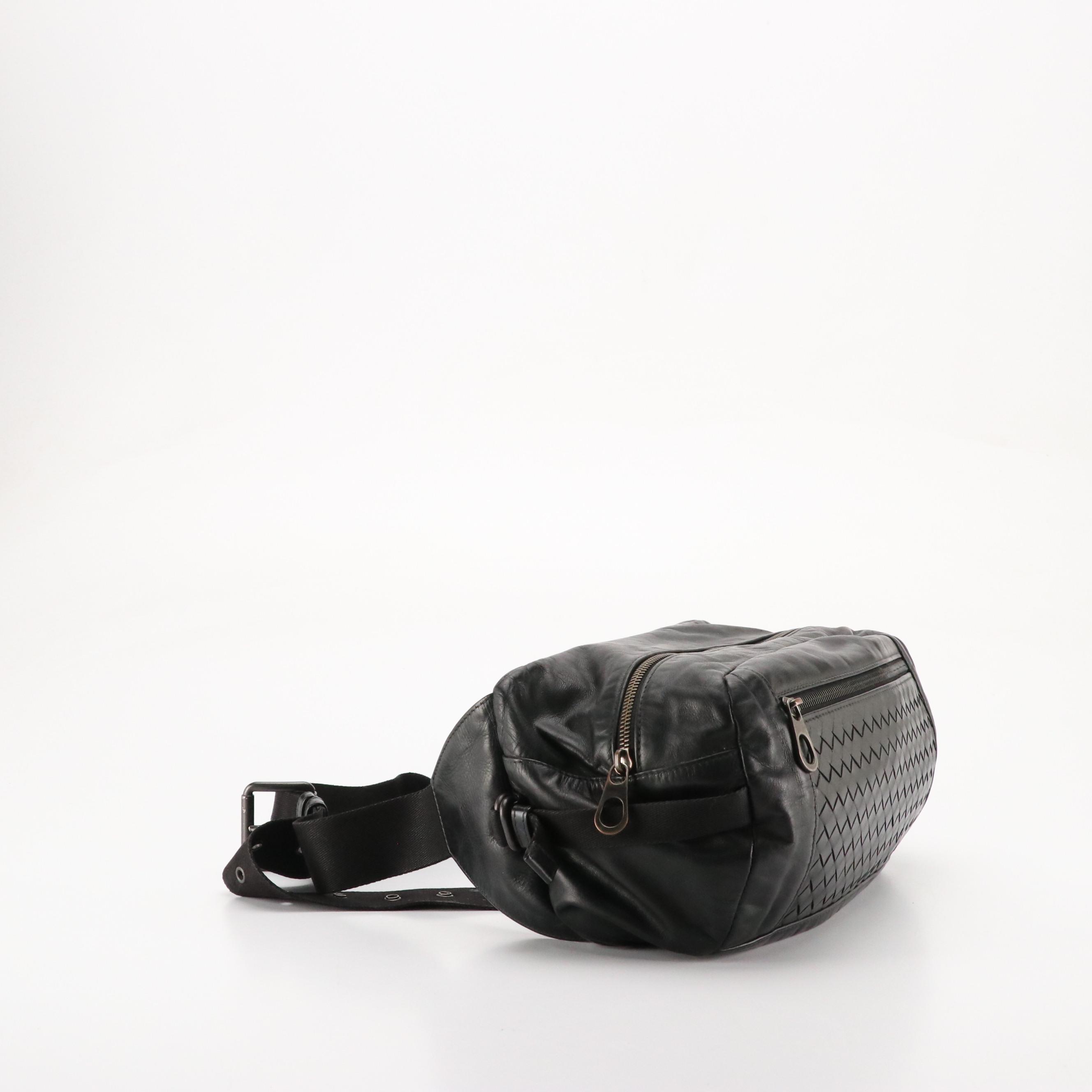 Bottega Veneta Large Padded Waist Bag in Black Intrecciato and Calfskin Leather