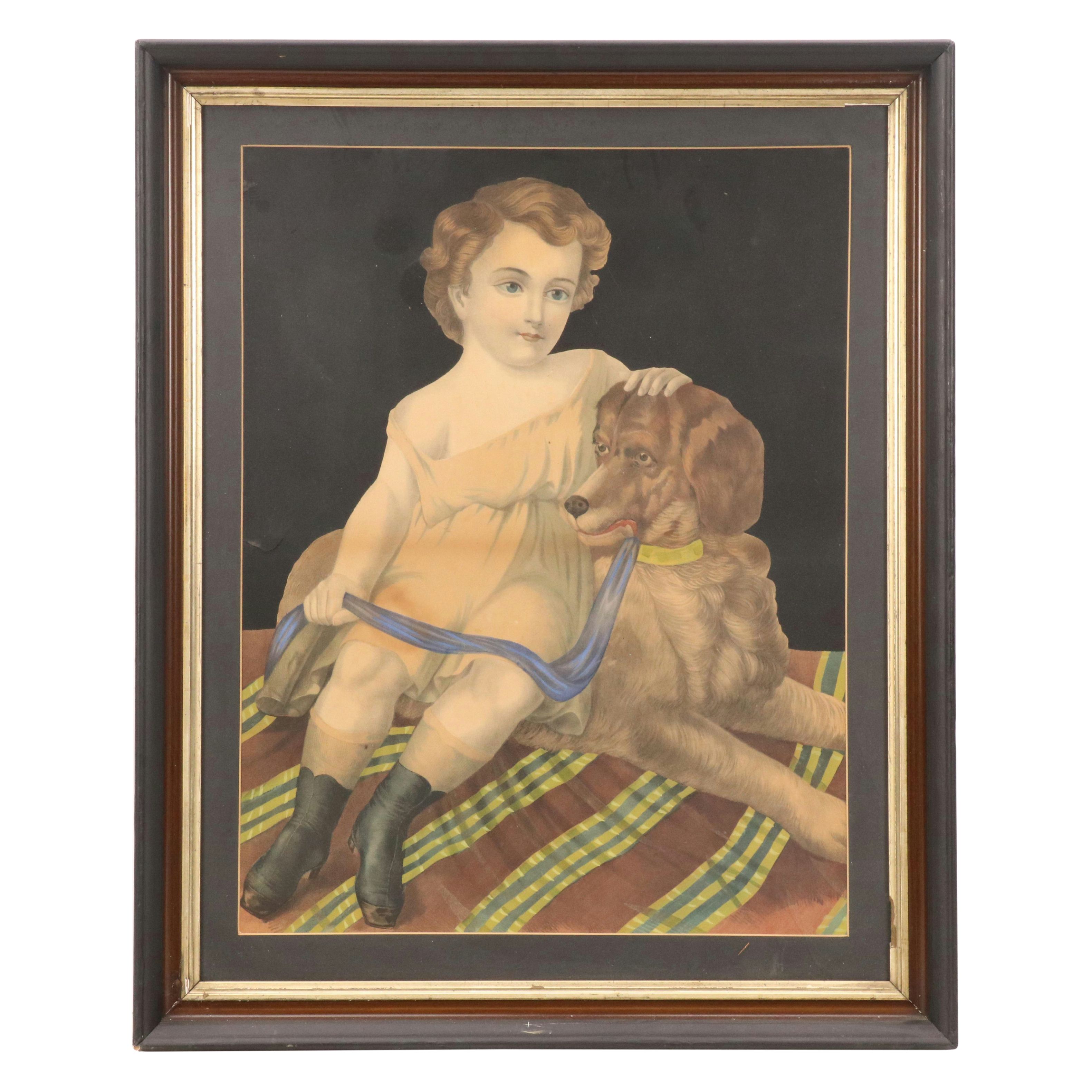 Hand-Colored Lithograph Portrait of Seated Young Child with Dog