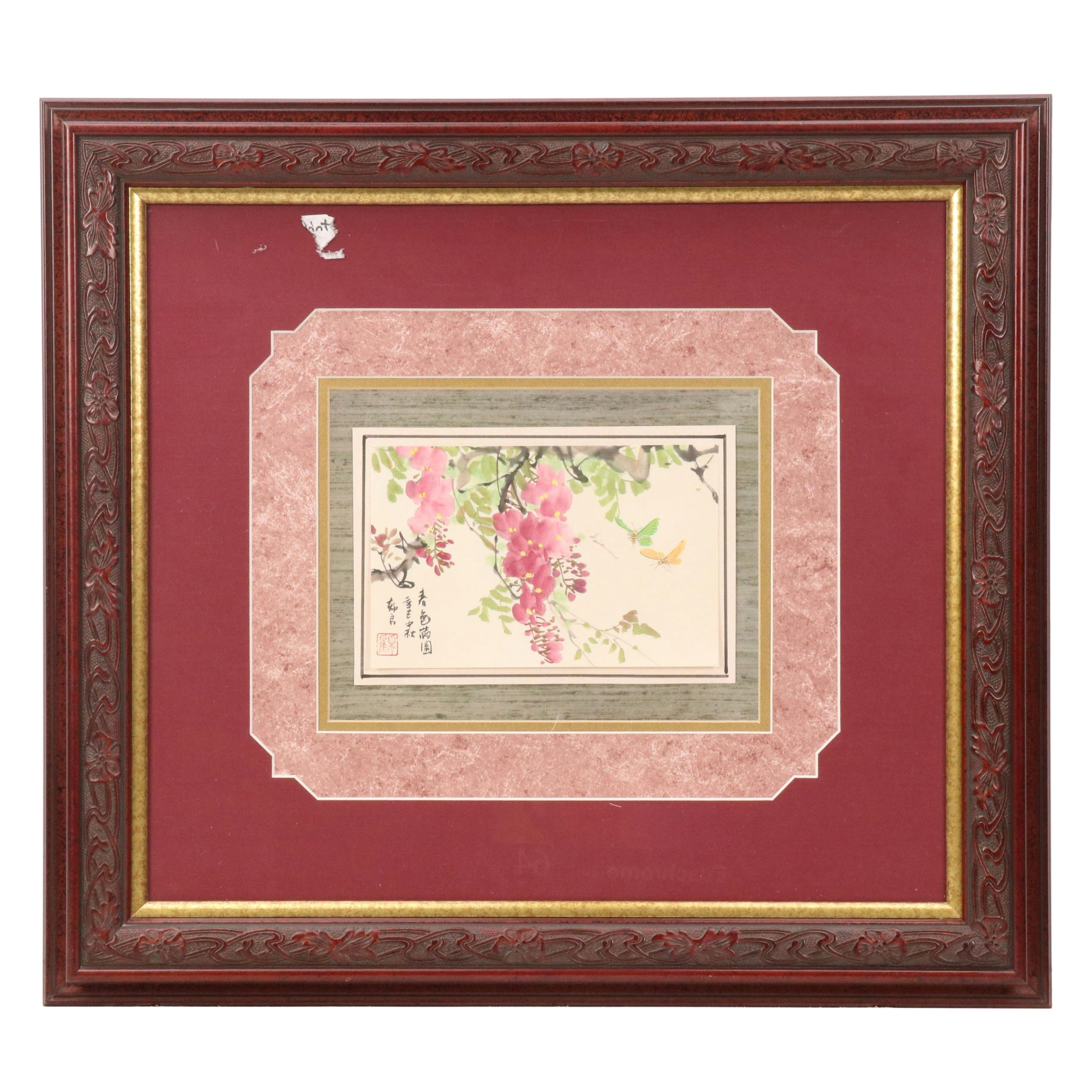 East Asian Floral Landscape Watercolor Painting