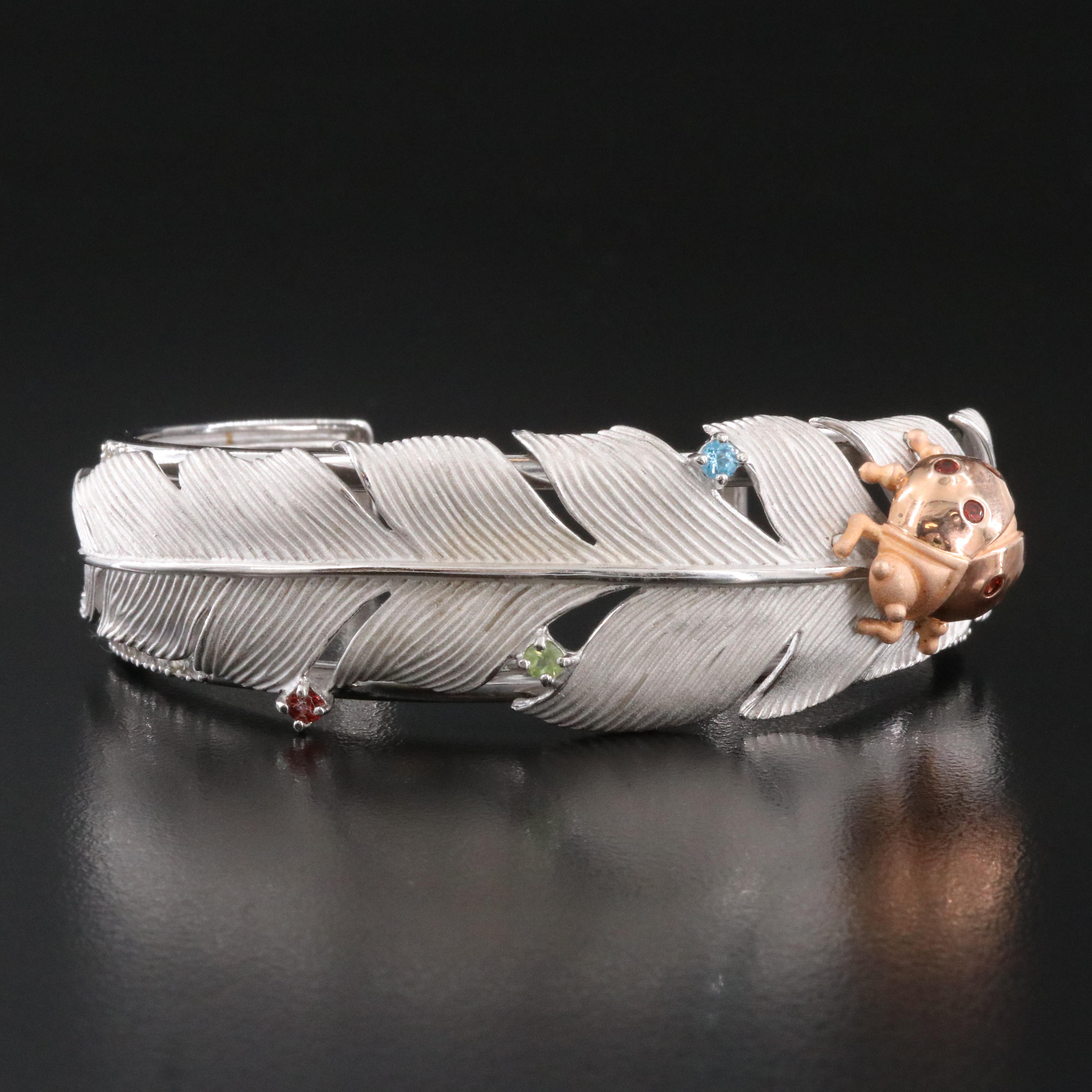 Sterling Garnet, Topaz and Peridot Two-Tone Leaf Beetle Cuff