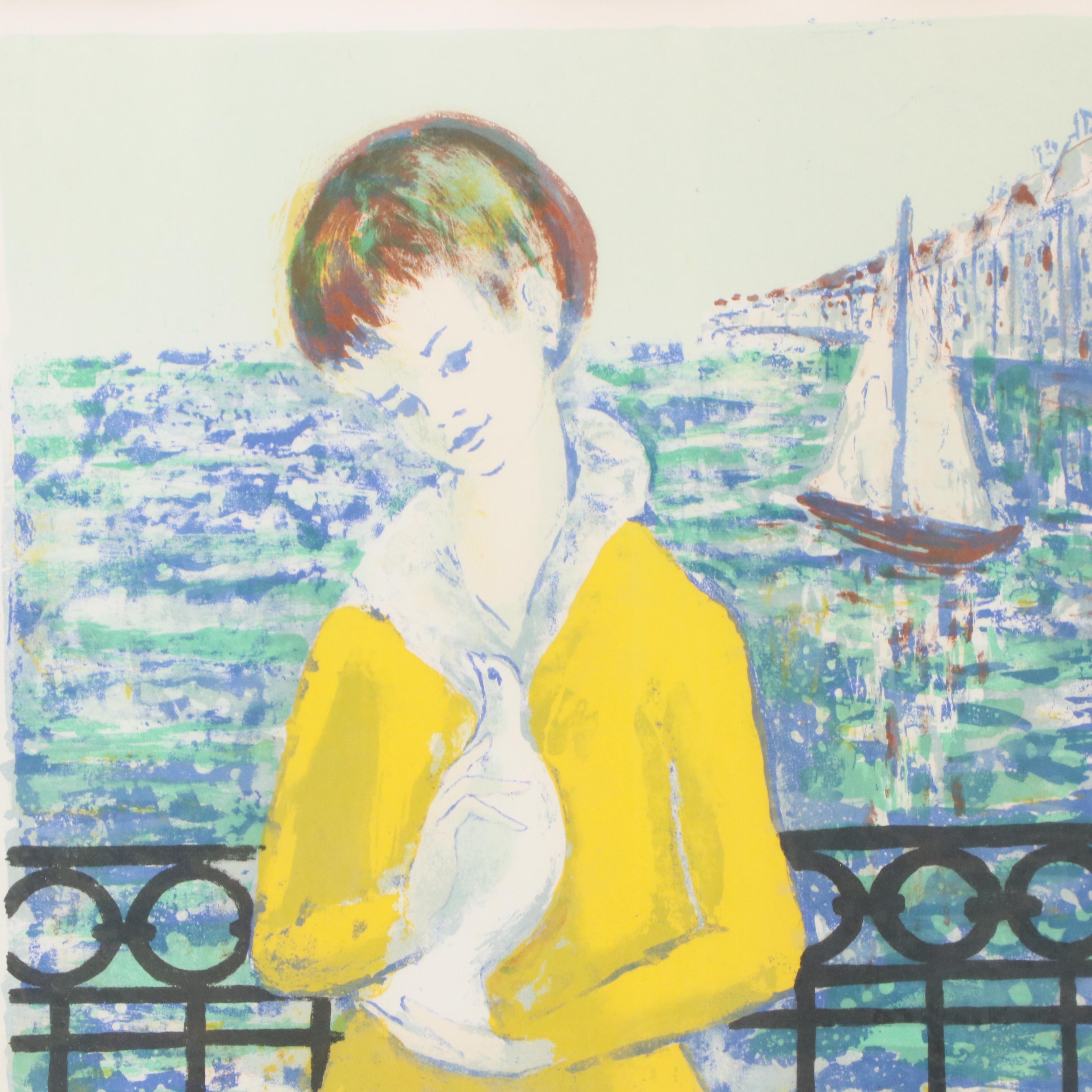 Jean Charnotet Lithograph of a Girl Holding Dove, 20th Century