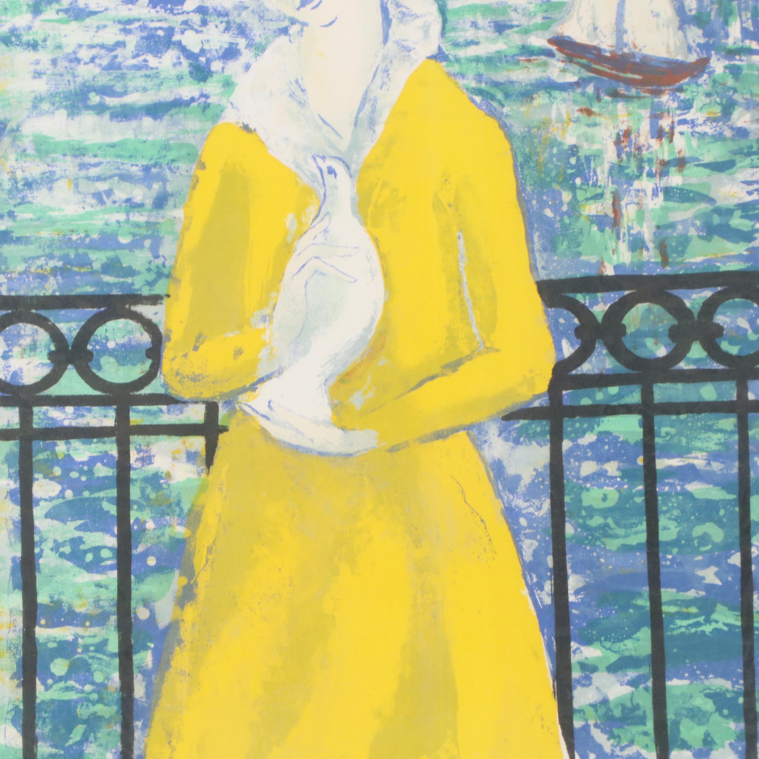 Jean Charnotet Lithograph of a Girl Holding Dove, 20th Century