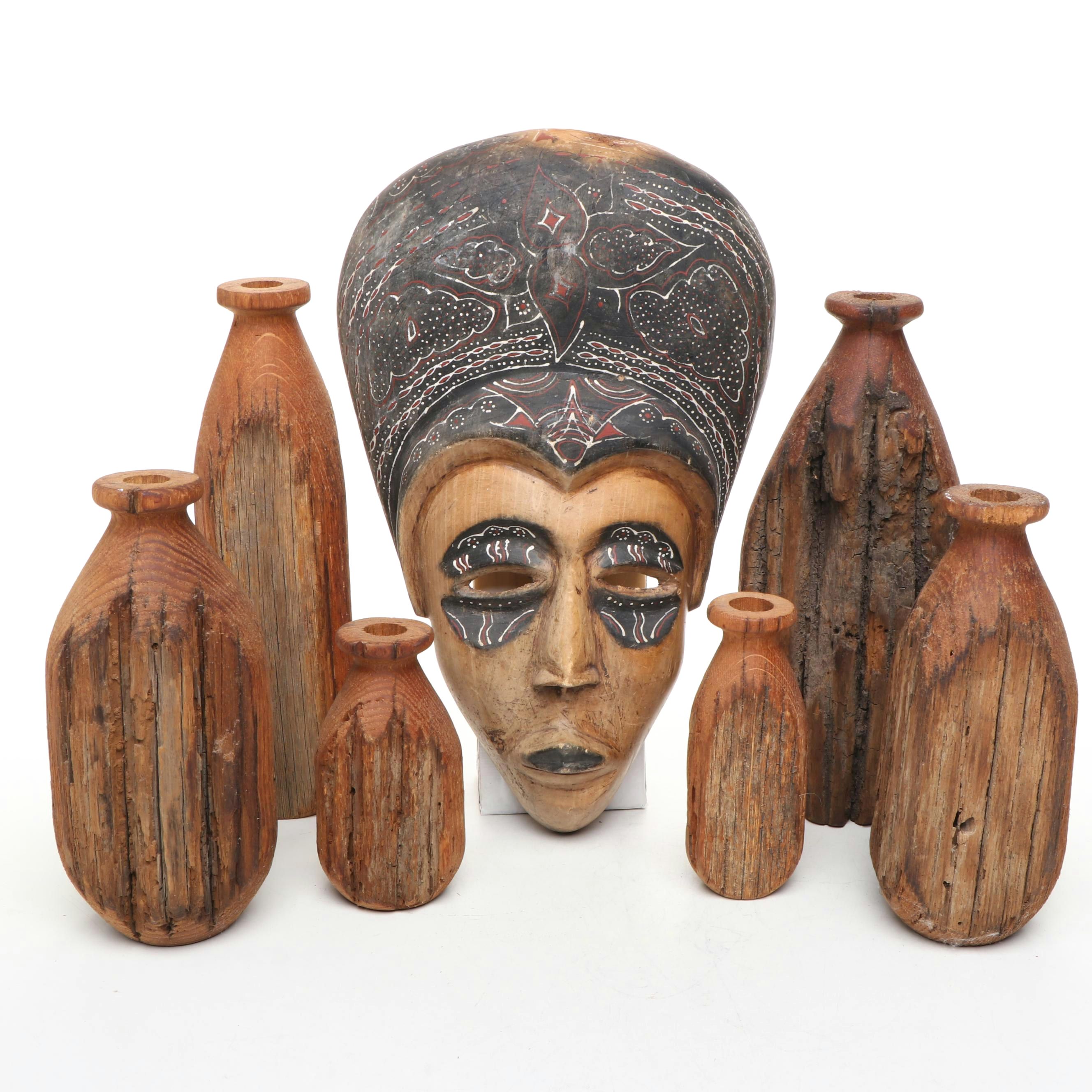 Ghanaian Painted Carved Wood Mask with Reclaimed Wood Vases
