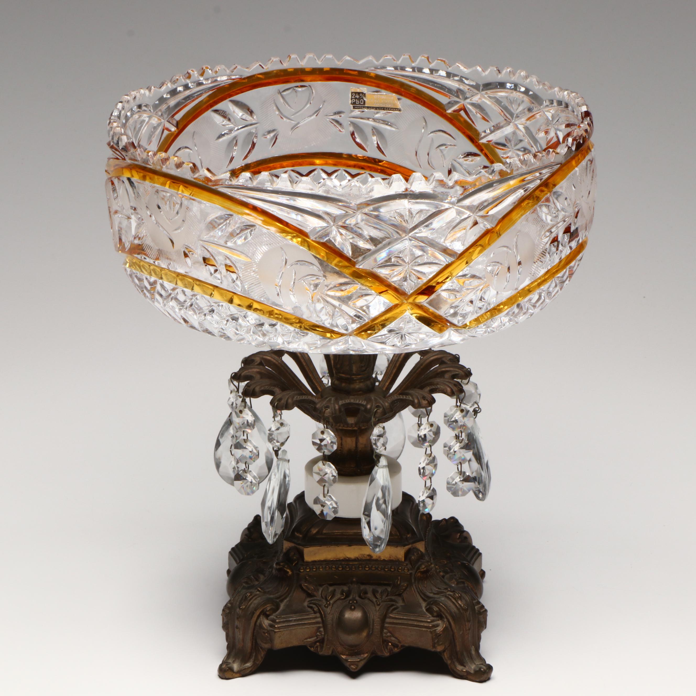 German Hollywood Regency Style Cut Crystal Bowl on Pedestal, Mid to Late 20th C.