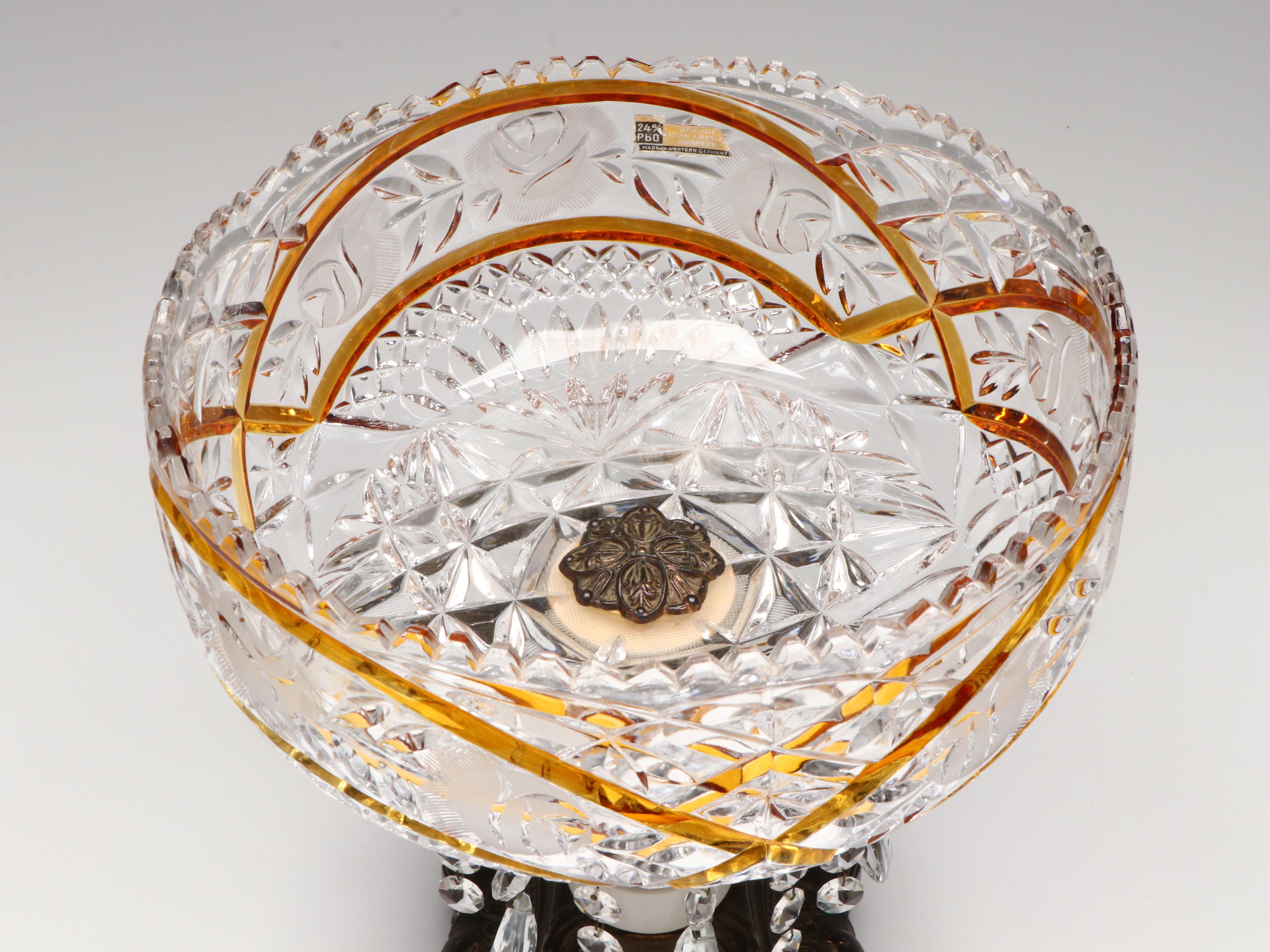 German Hollywood Regency Style Cut Crystal Bowl on Pedestal, Mid to Late 20th C.