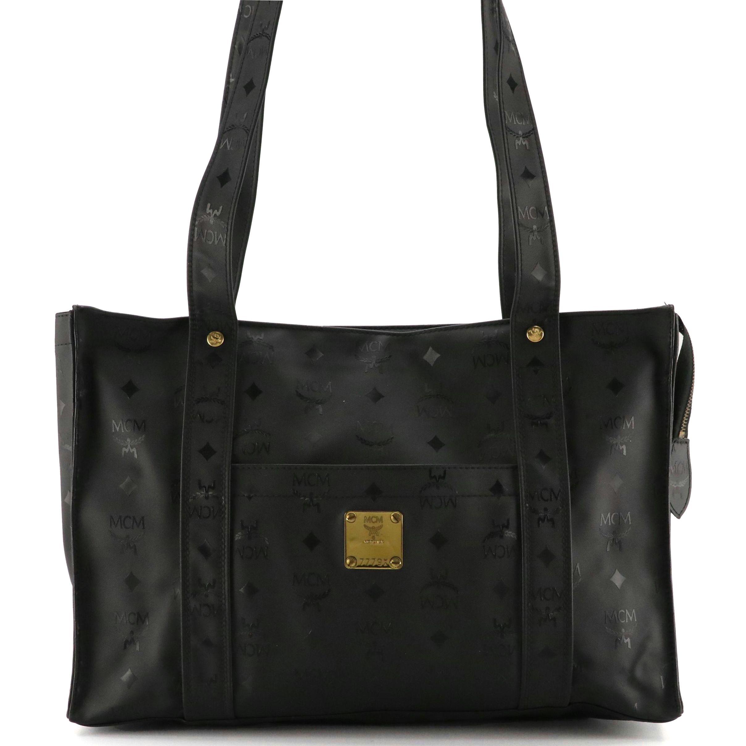 MCM Long Handle Zip Tote Bag in Black Visetos Nylon Canvas