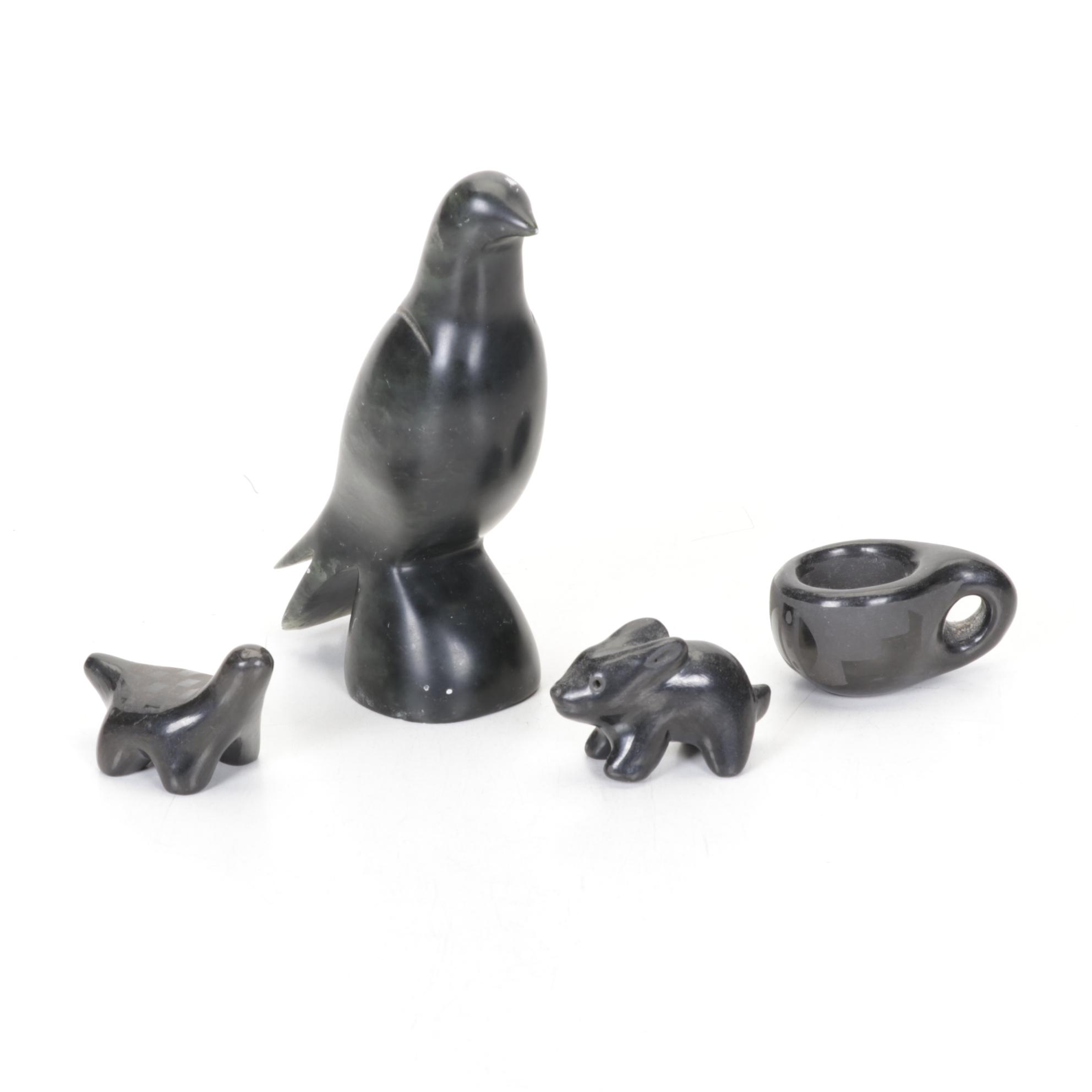 Ross Parkinson Signed Soapstone Raven With Blackware Pottery