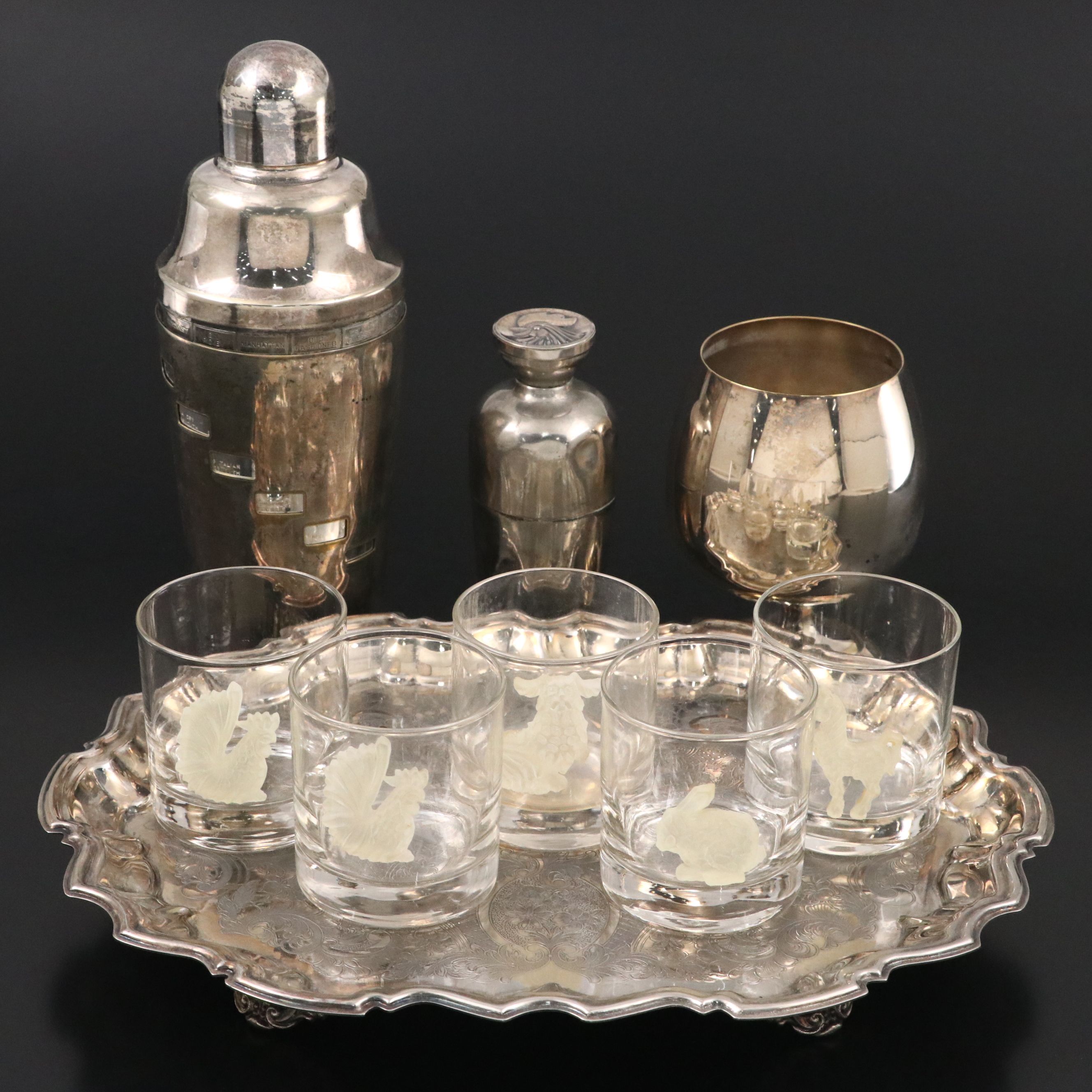 Napier Silver Plate Cocktail Shaker and Strainer with Goblet, Tray and Glasses