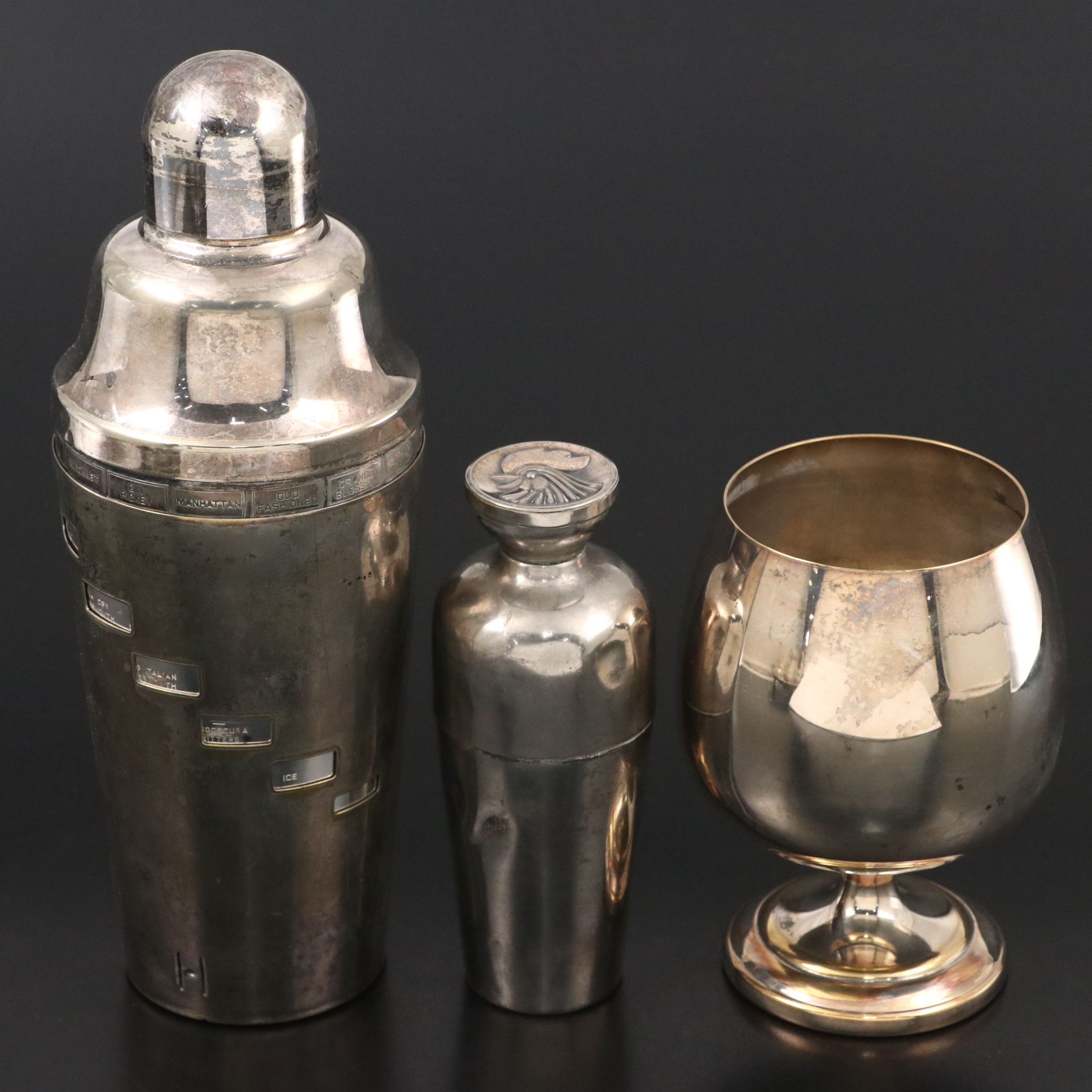 Napier Silver Plate Cocktail Shaker and Strainer with Goblet, Tray and Glasses