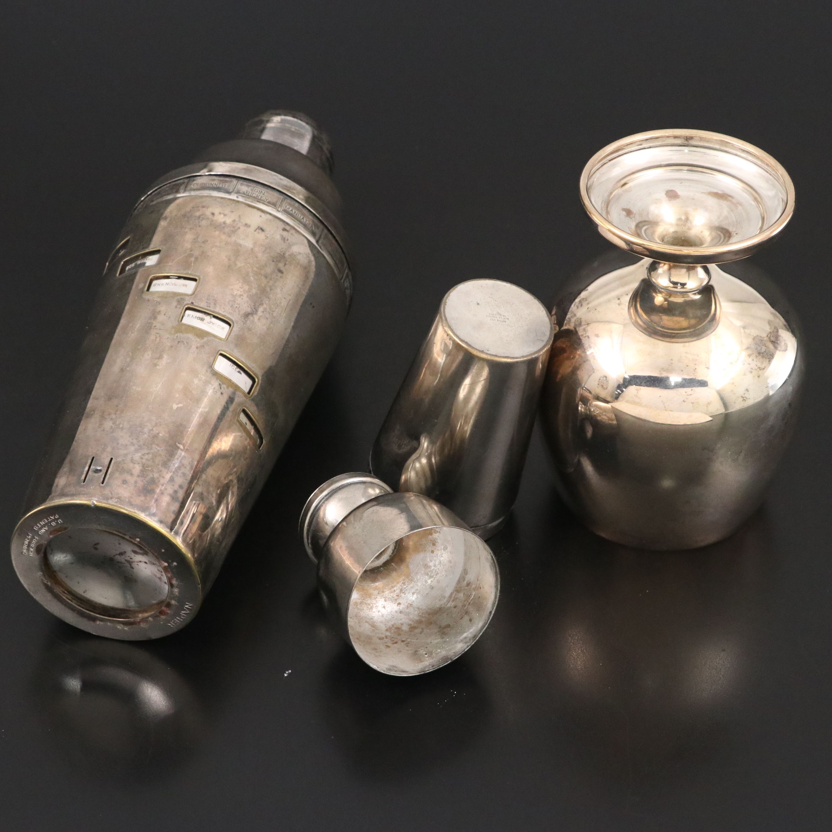Napier Silver Plate Cocktail Shaker and Strainer with Goblet, Tray and Glasses