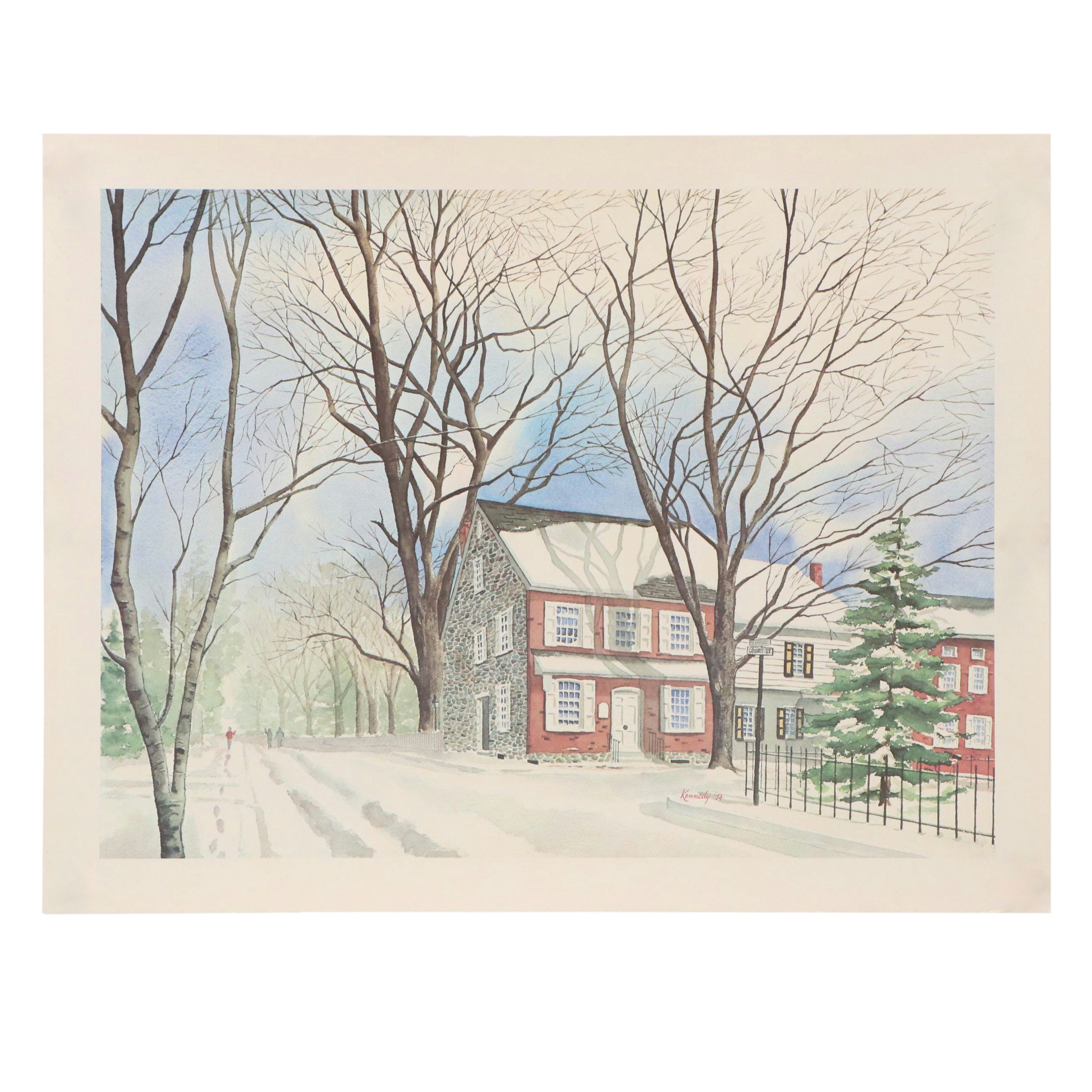 Offset Lithograph After Thomas E. Kennedy with Winter Street Scene, 1974