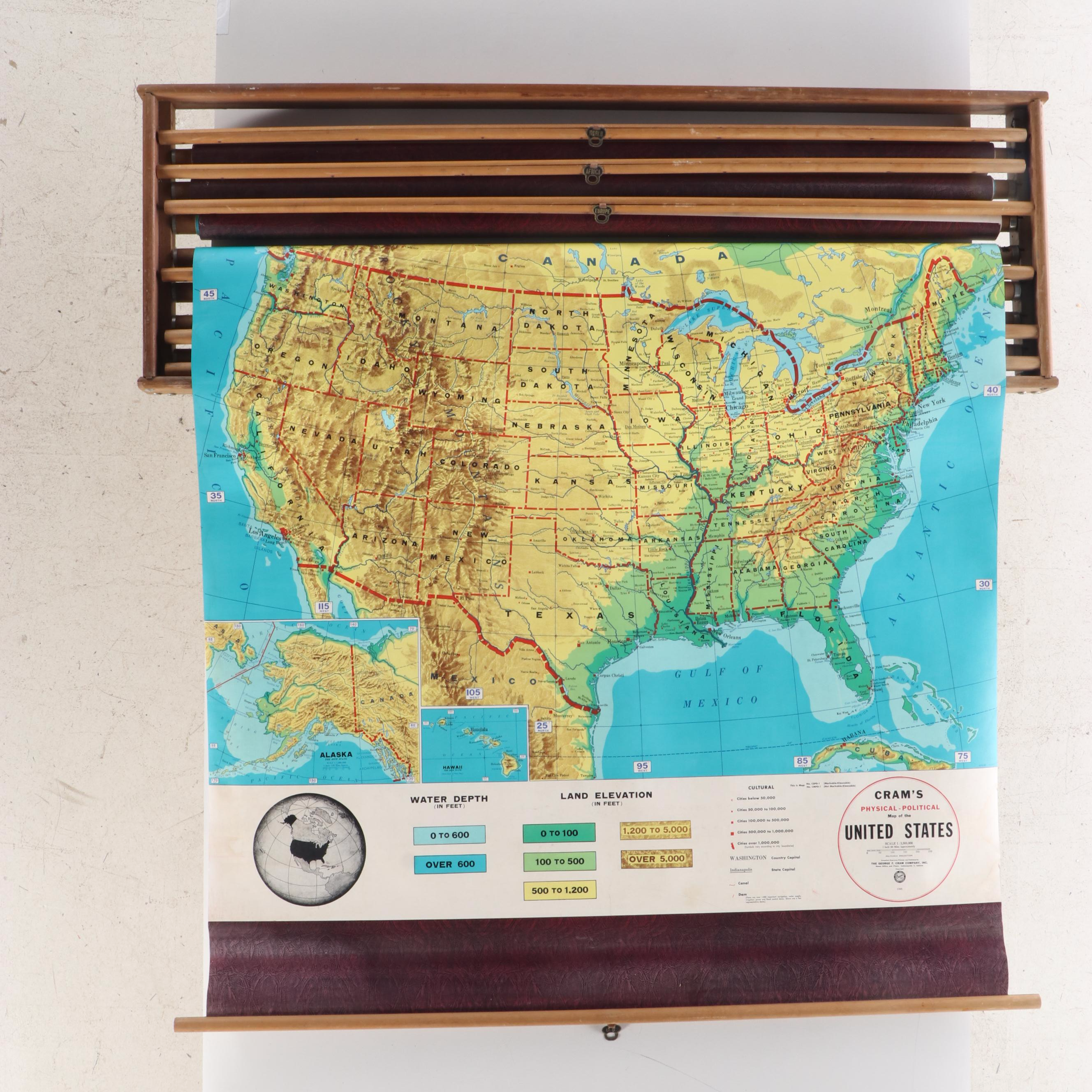 Cram's Physical and Political Mounted Pull Down Maps