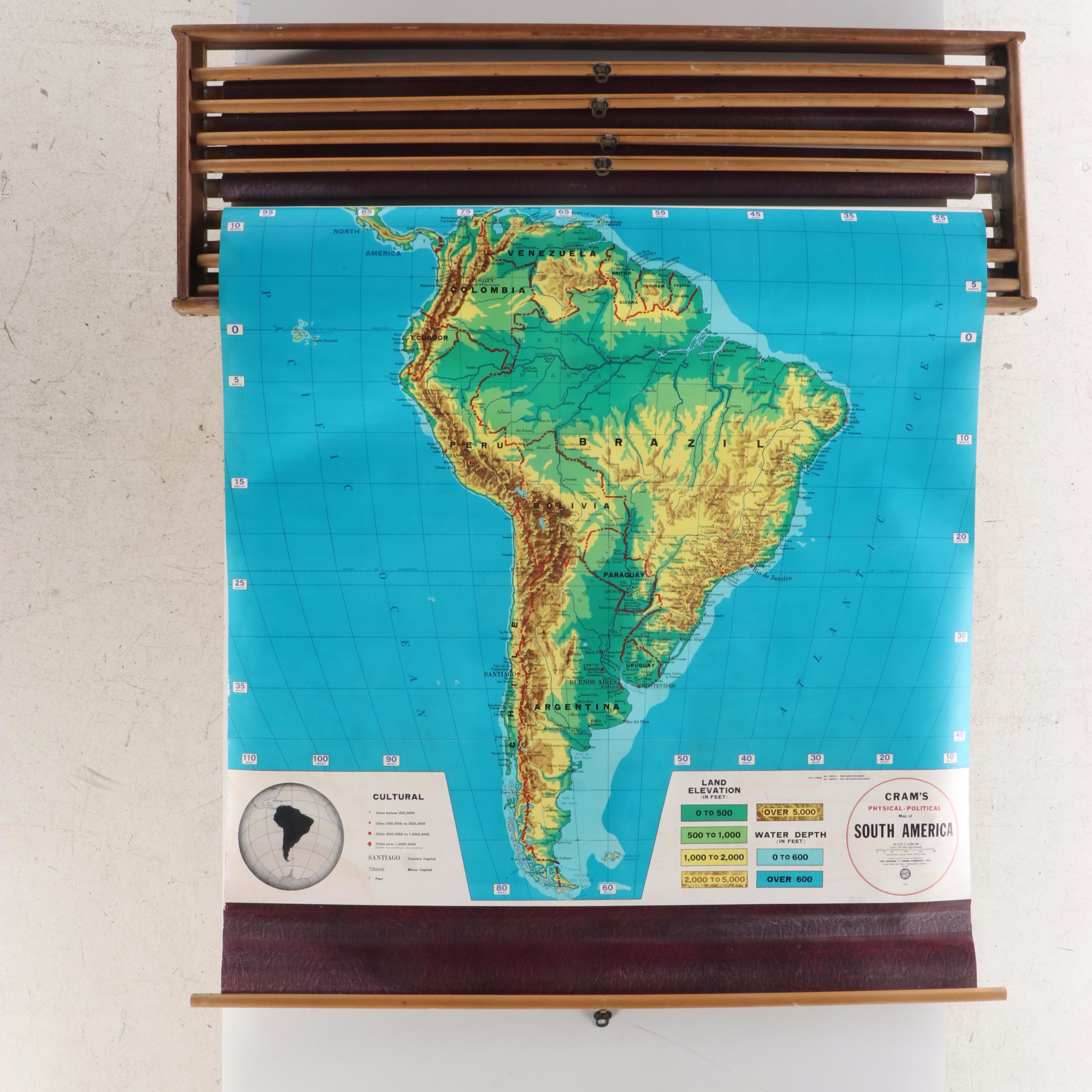 Cram's Physical and Political Mounted Pull Down Maps