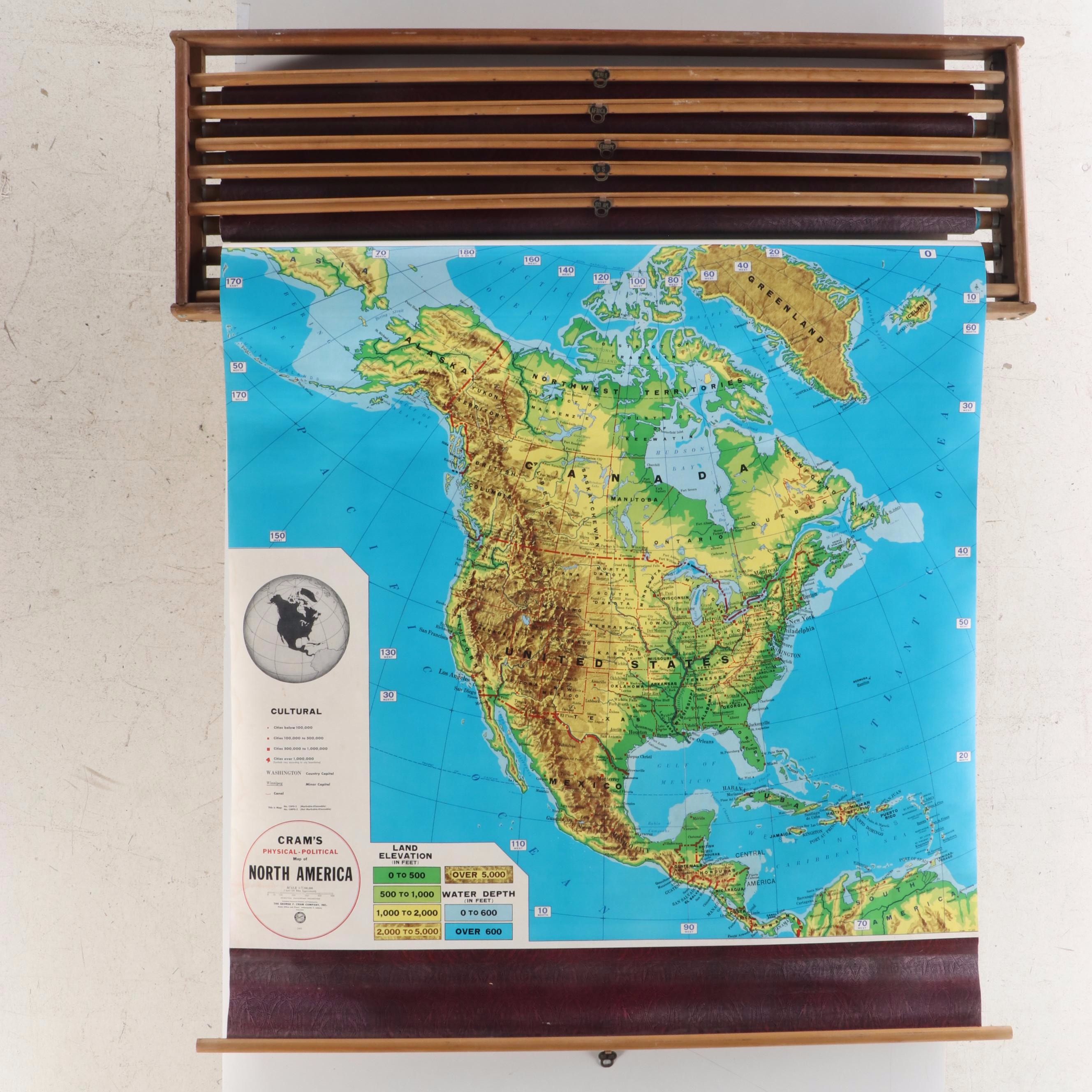 Cram's Physical and Political Mounted Pull Down Maps