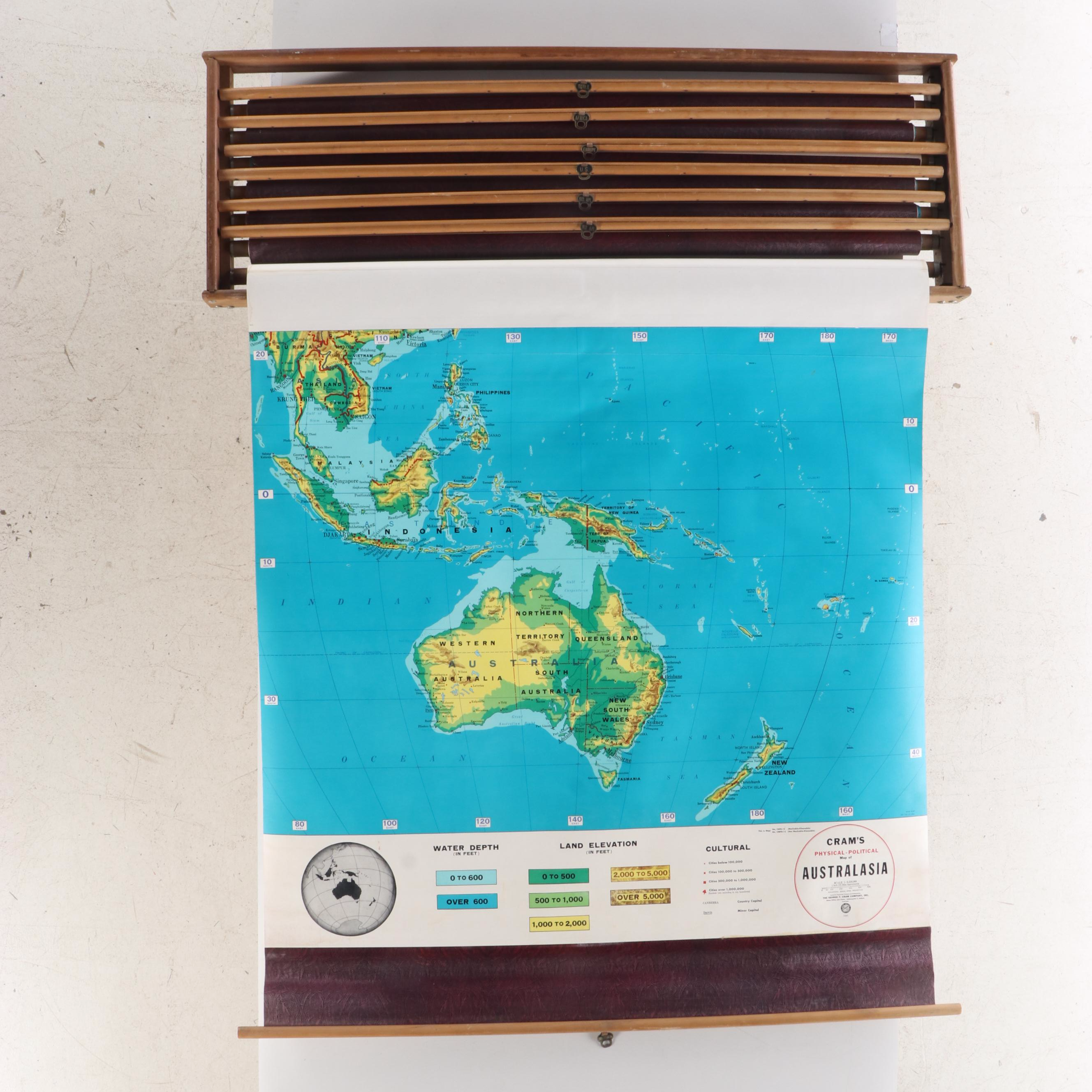 Cram's Physical and Political Mounted Pull Down Maps