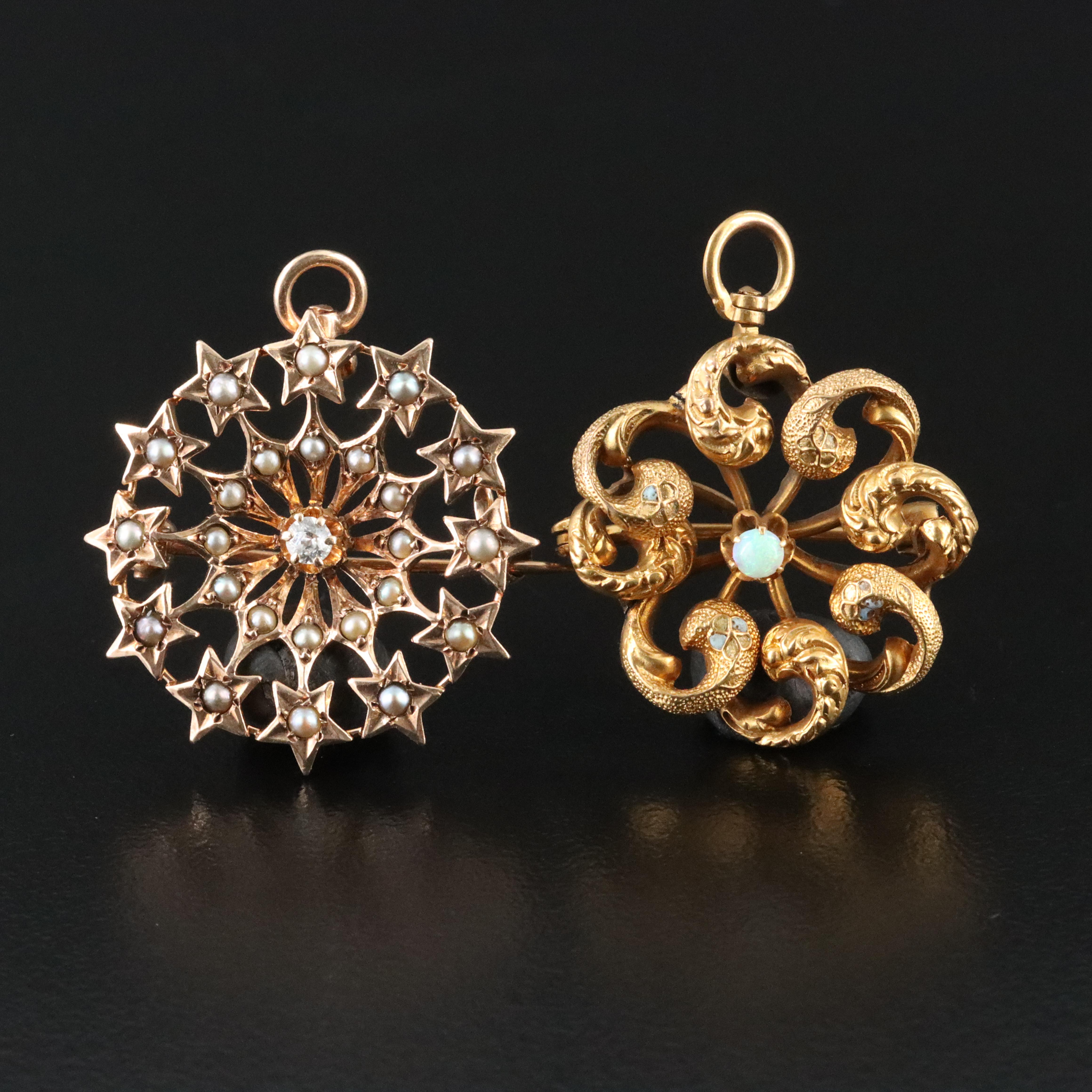 Victorian 10K Diamond, Pearl and Opal Forget-Me-Not & Star Converter Pins