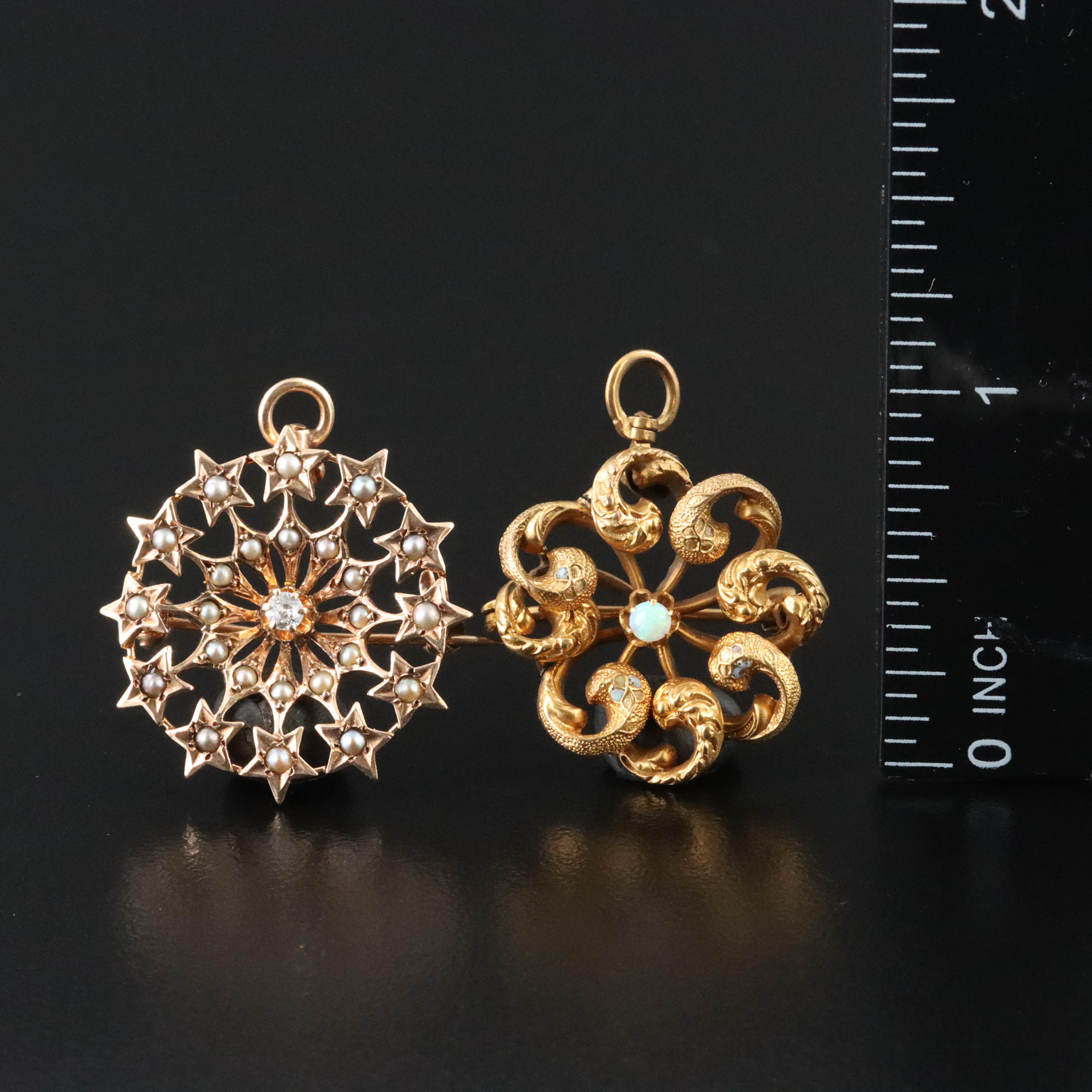 Victorian 10K Diamond, Pearl and Opal Forget-Me-Not & Star Converter Pins