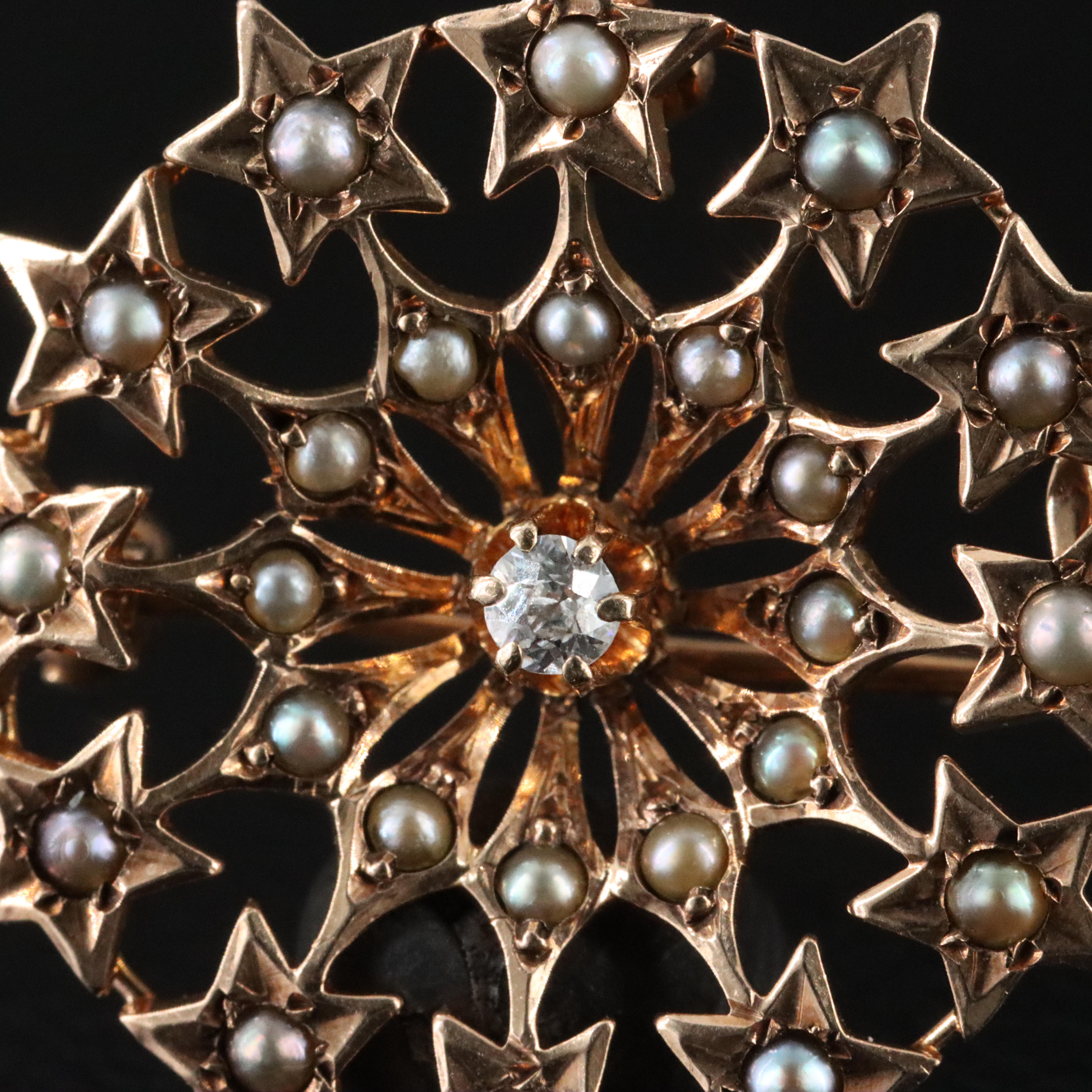 Victorian 10K Diamond, Pearl and Opal Forget-Me-Not & Star Converter Pins