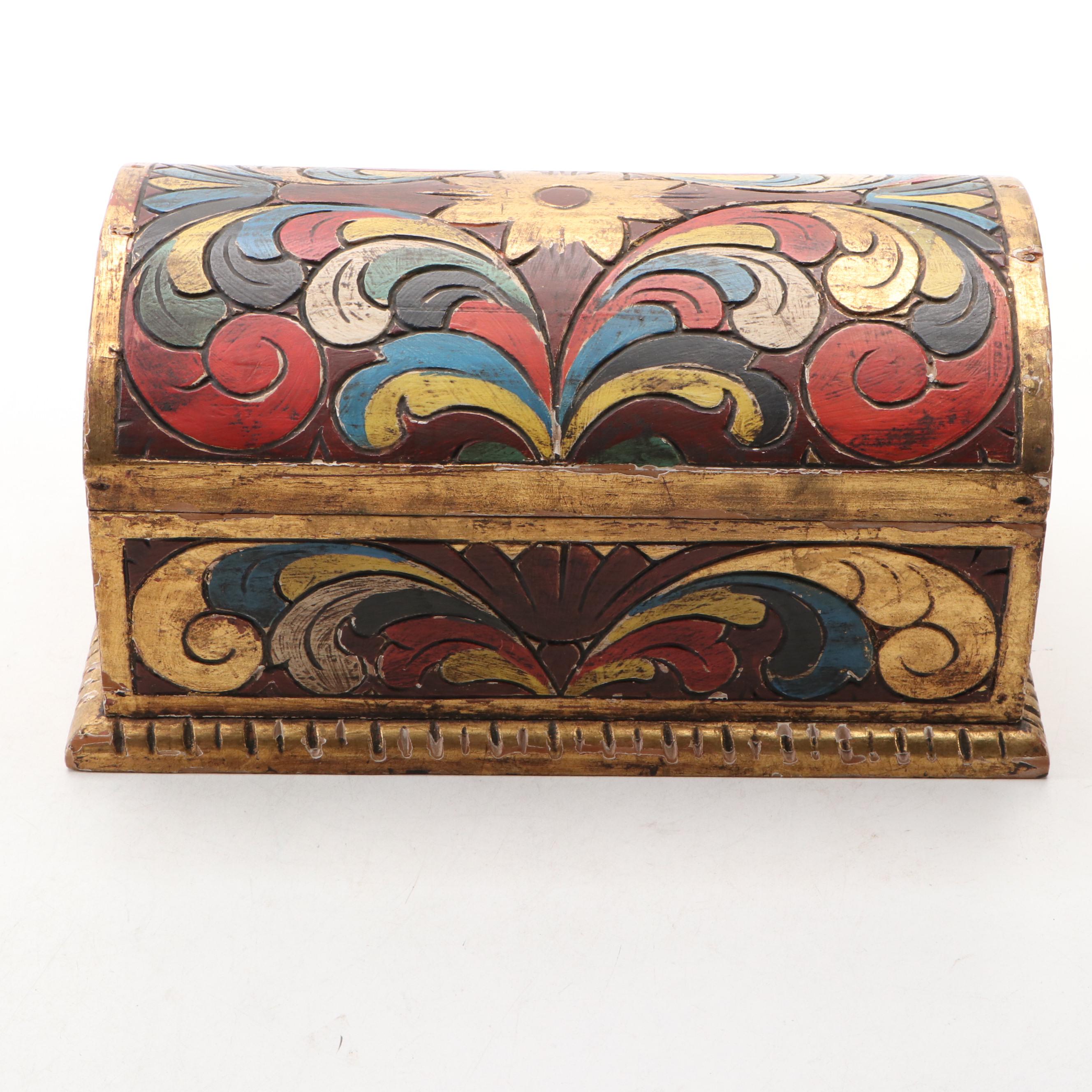 Mexican Painted Floral Carved Wood Decorative Box