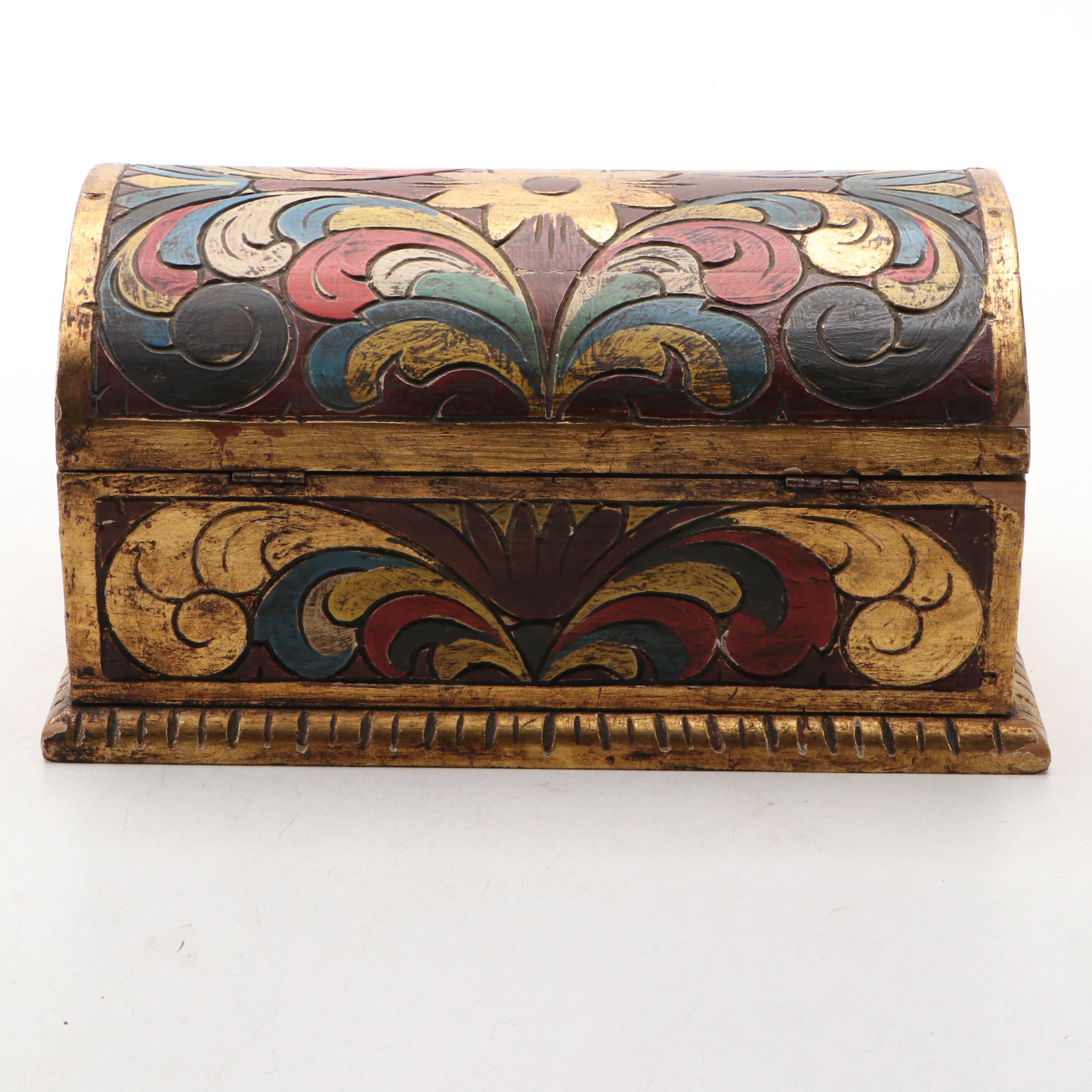 Mexican Painted Floral Carved Wood Decorative Box