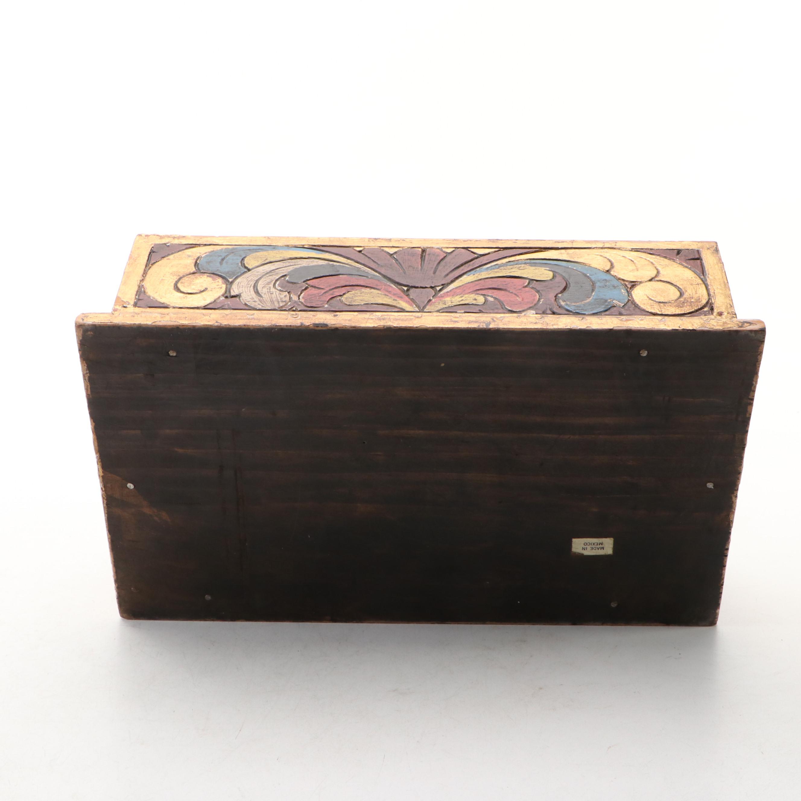 Mexican Painted Floral Carved Wood Decorative Box