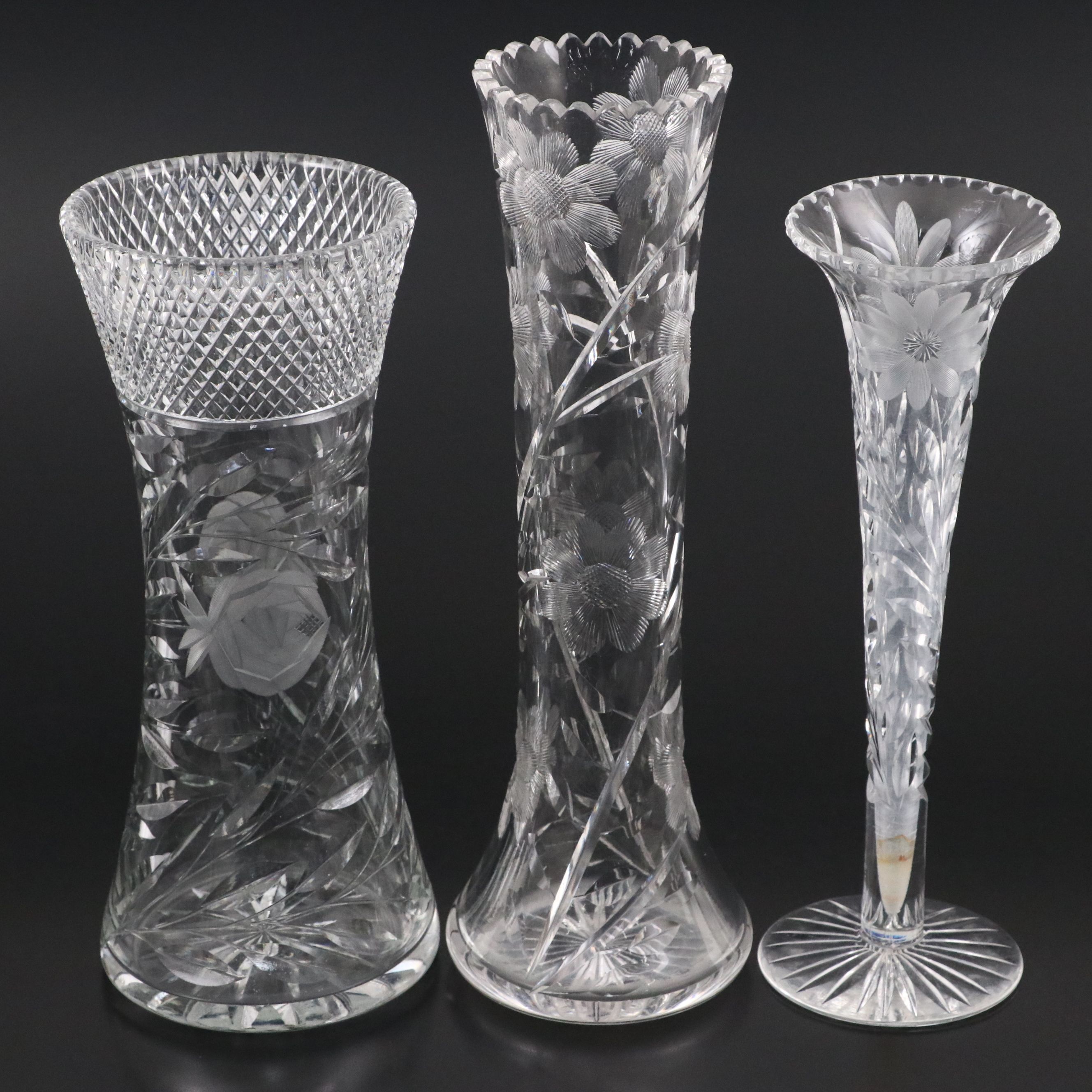 American Brilliant Style Etched and Cut Glass Vases, 20th Century