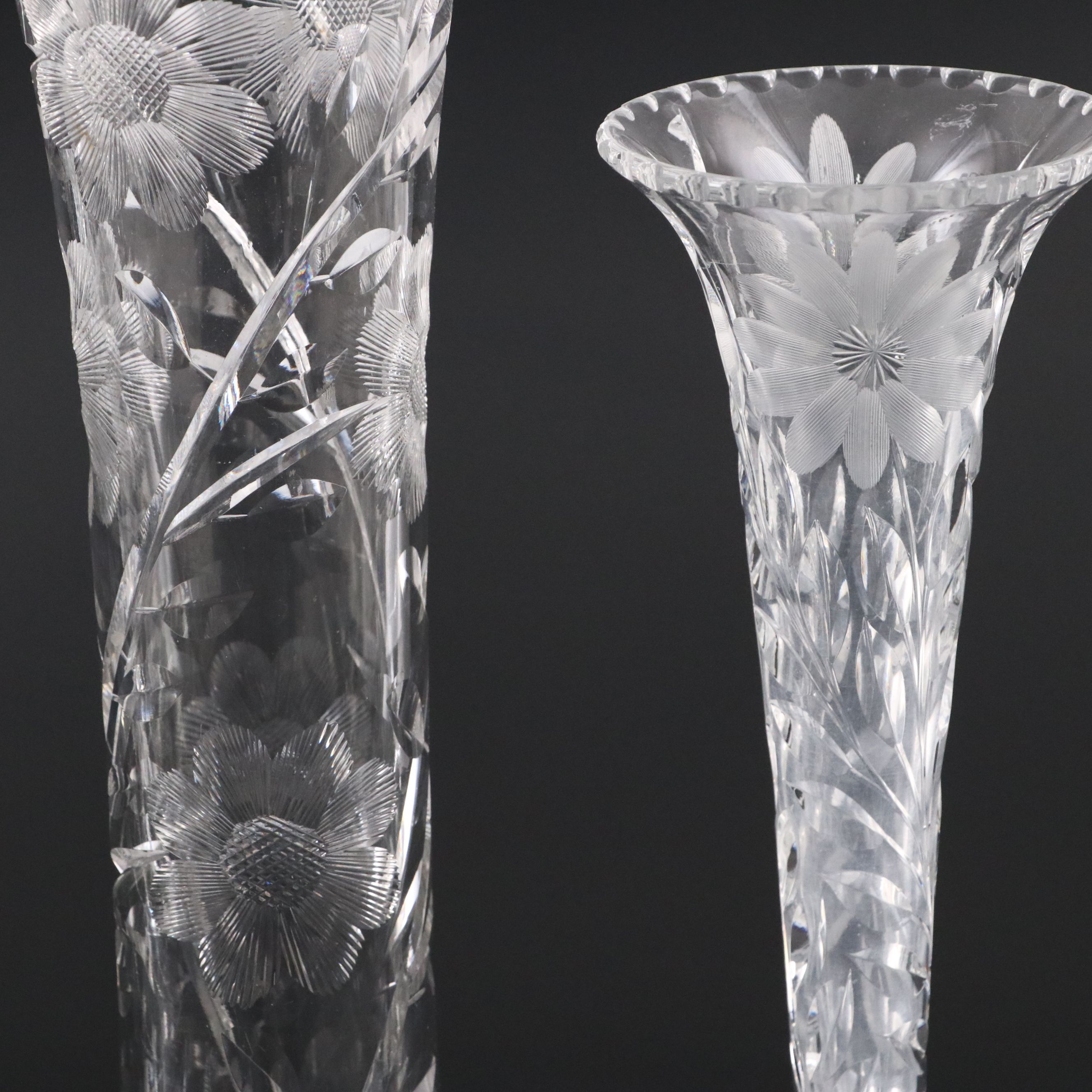 American Brilliant Style Etched and Cut Glass Vases, 20th Century