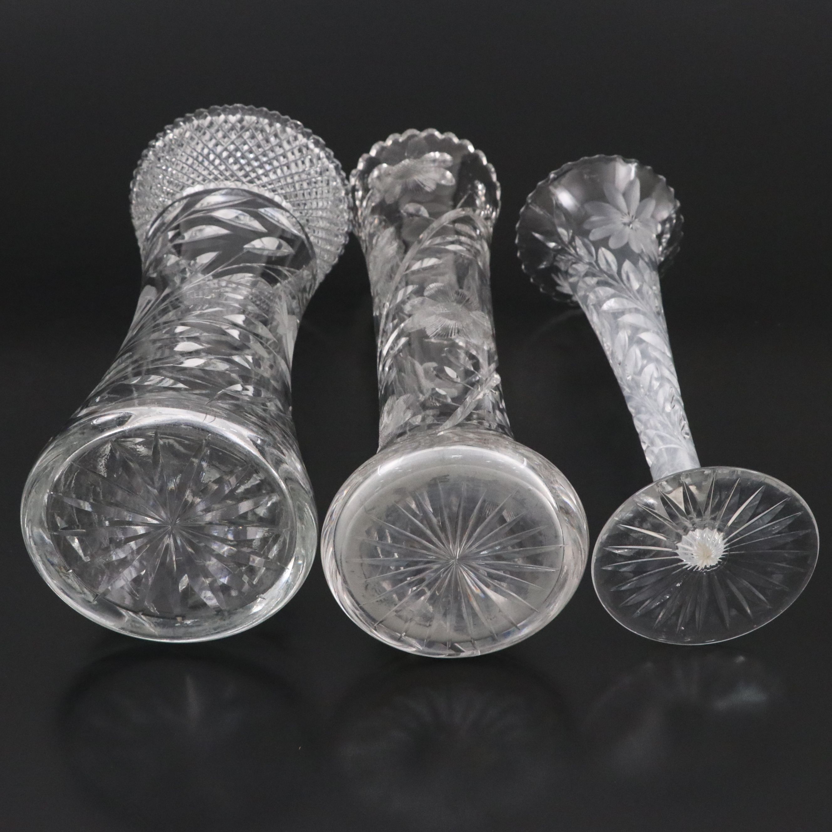 American Brilliant Style Etched and Cut Glass Vases, 20th Century