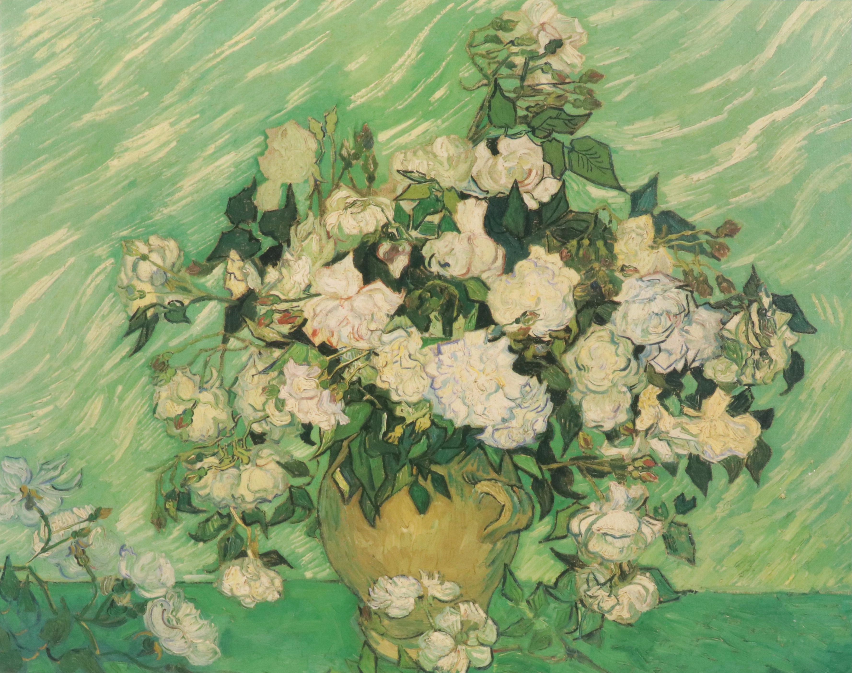 Embellished Offset Lithograph "Still Life Vase with Pink Roses" After Van Gogh