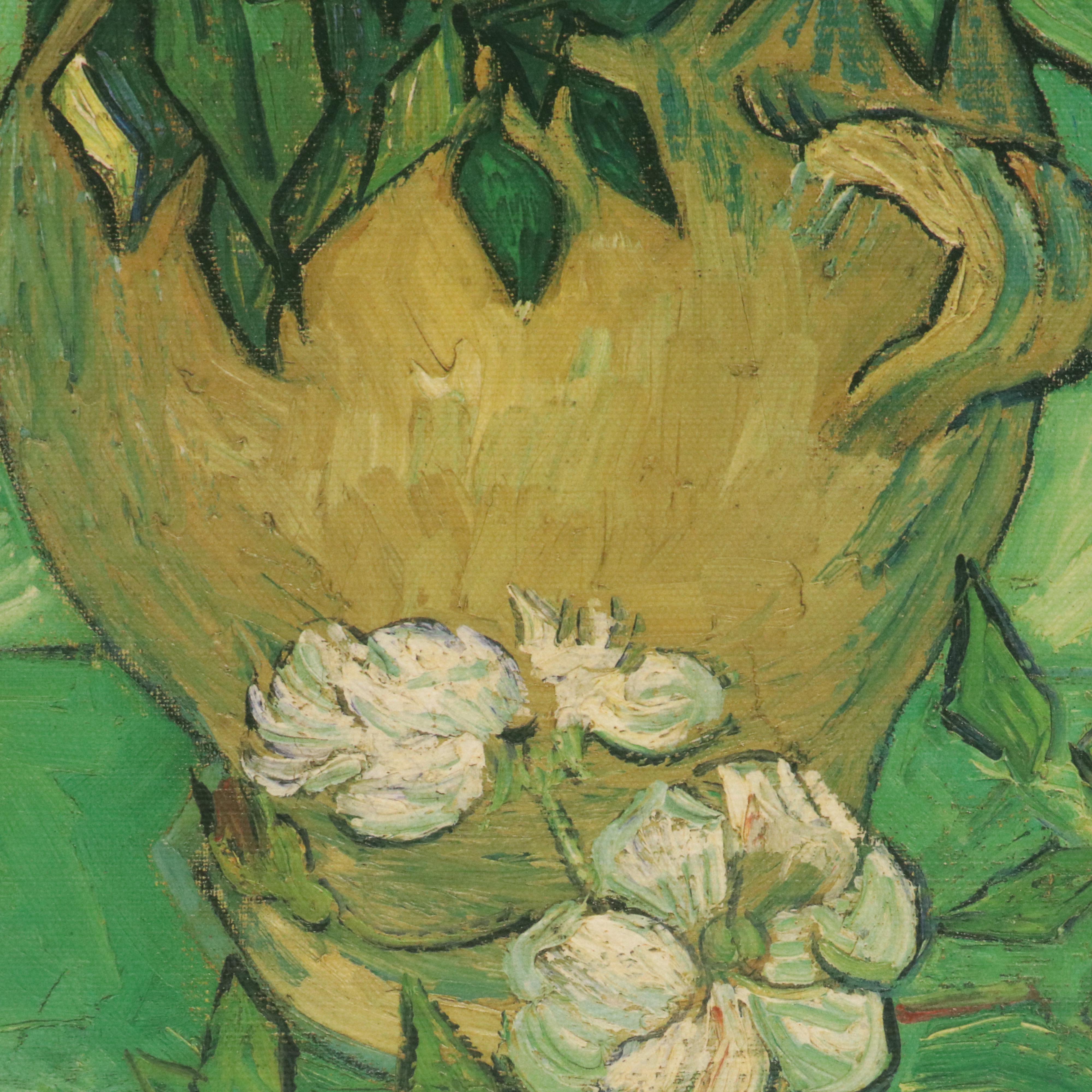 Embellished Offset Lithograph "Still Life Vase with Pink Roses" After Van Gogh