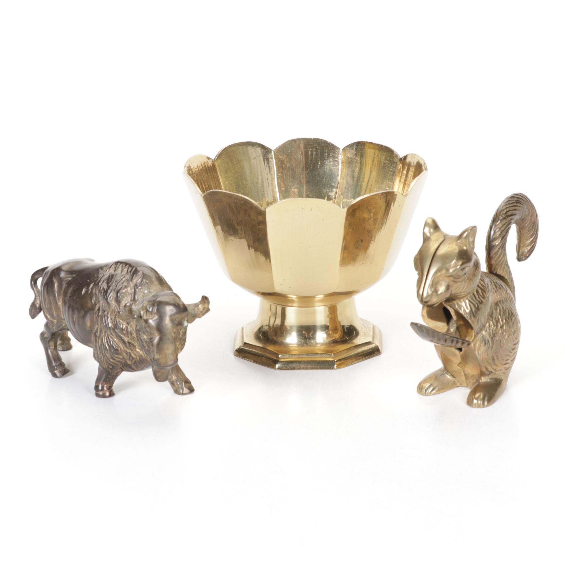 Brass Squirrel Nut Cracker, Bull Figurine, and Bowl, Late 20th to 21st Century