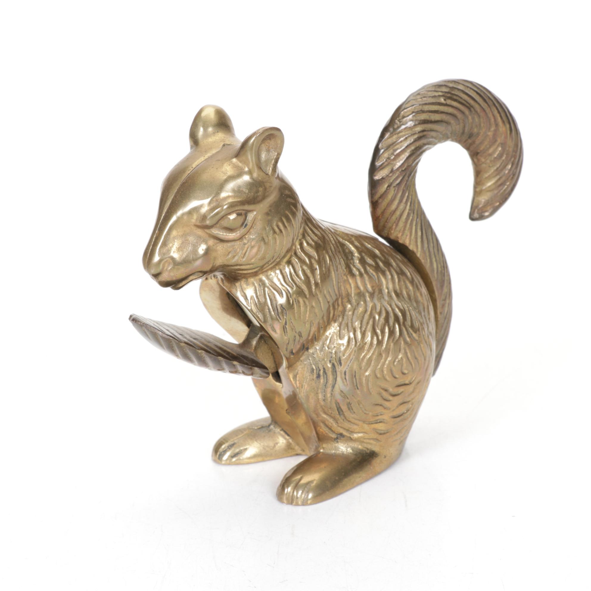 Brass Squirrel Nut Cracker, Bull Figurine, and Bowl, Late 20th to 21st Century