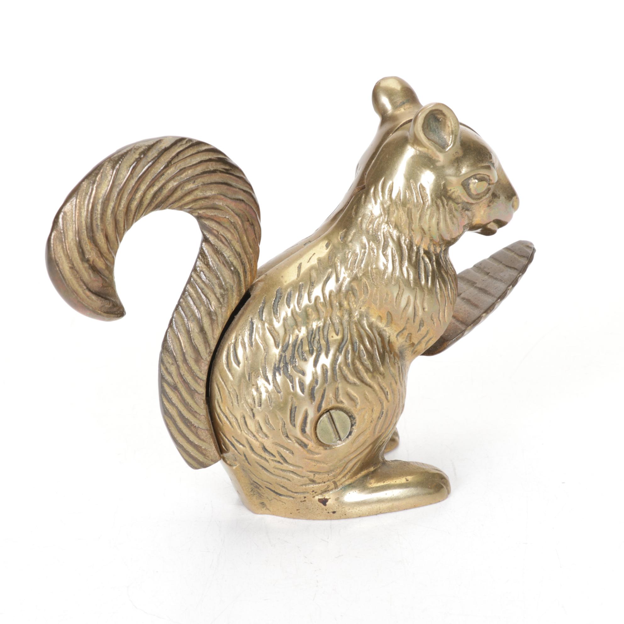 Brass Squirrel Nut Cracker, Bull Figurine, and Bowl, Late 20th to 21st Century