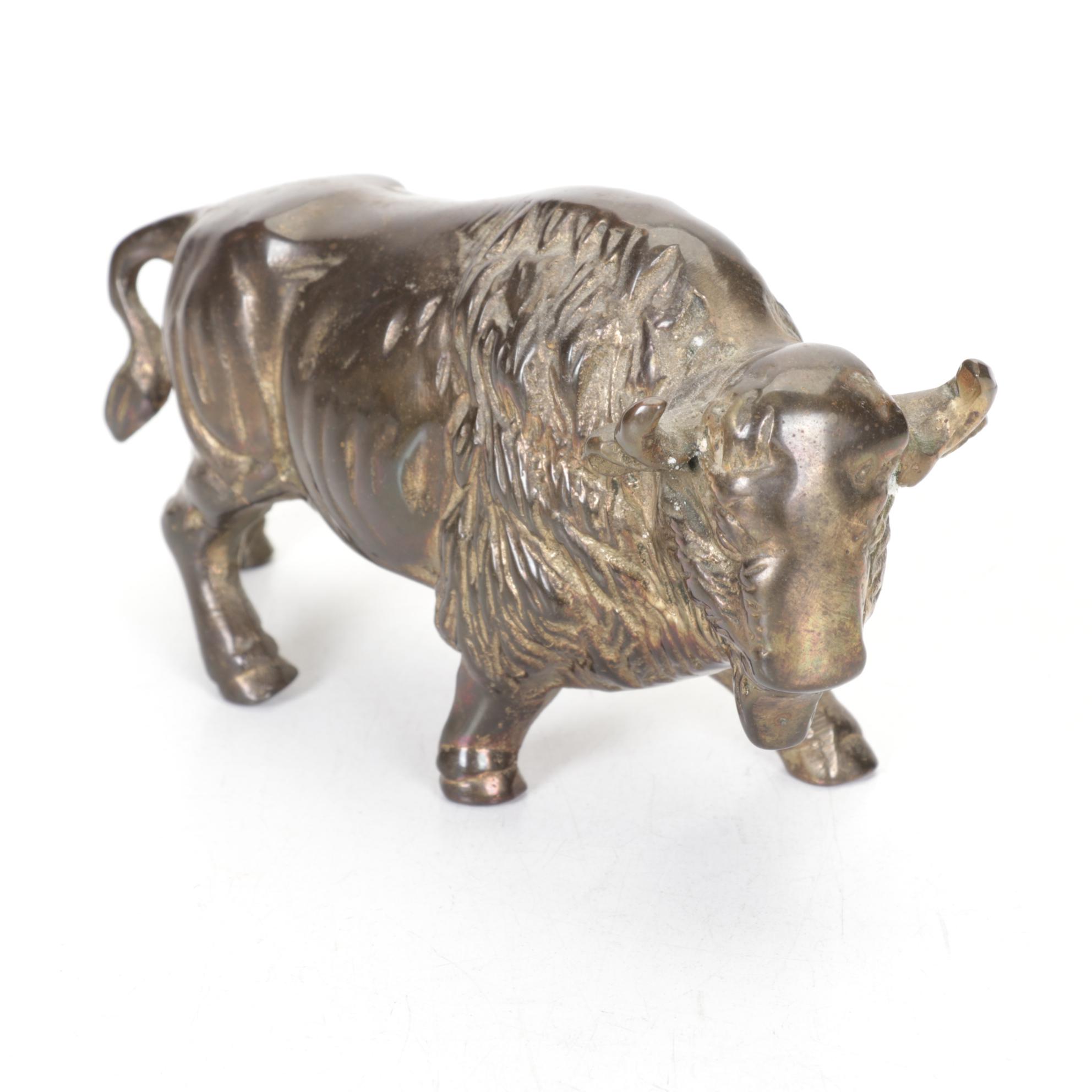 Brass Squirrel Nut Cracker, Bull Figurine, and Bowl, Late 20th to 21st Century