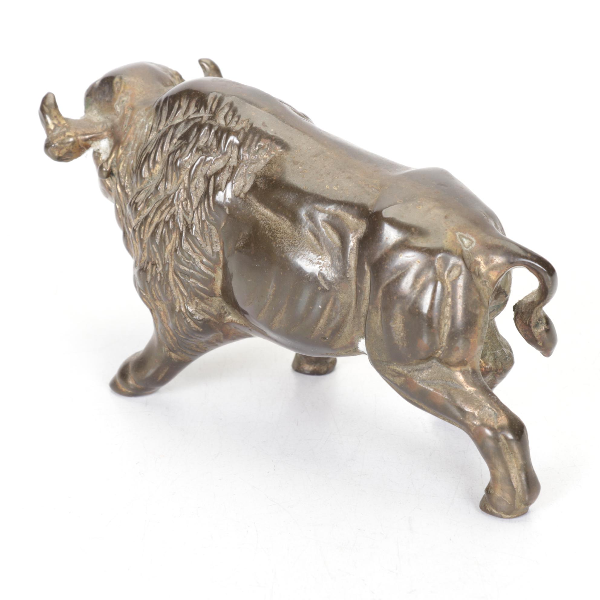 Brass Squirrel Nut Cracker, Bull Figurine, and Bowl, Late 20th to 21st Century
