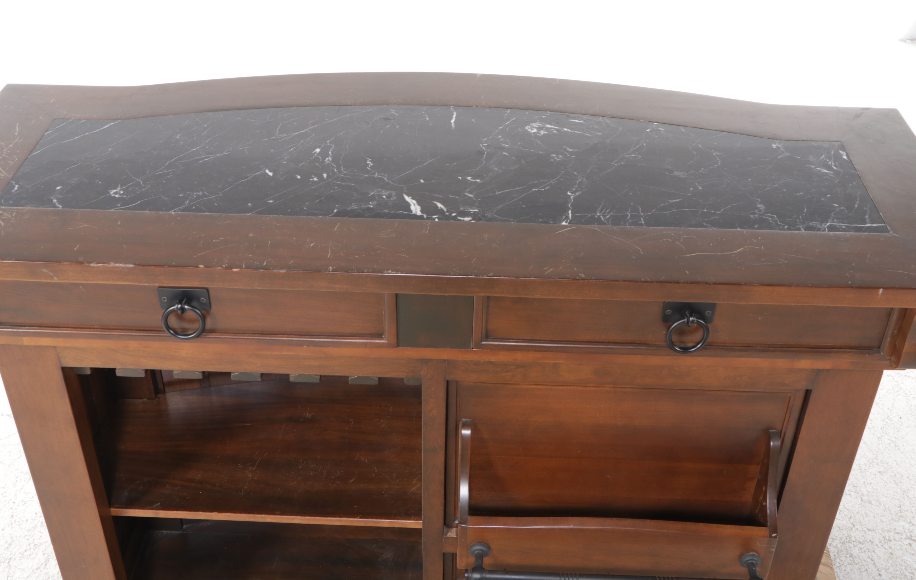Mahogany Finish Home Bar with Marble Inlay Top