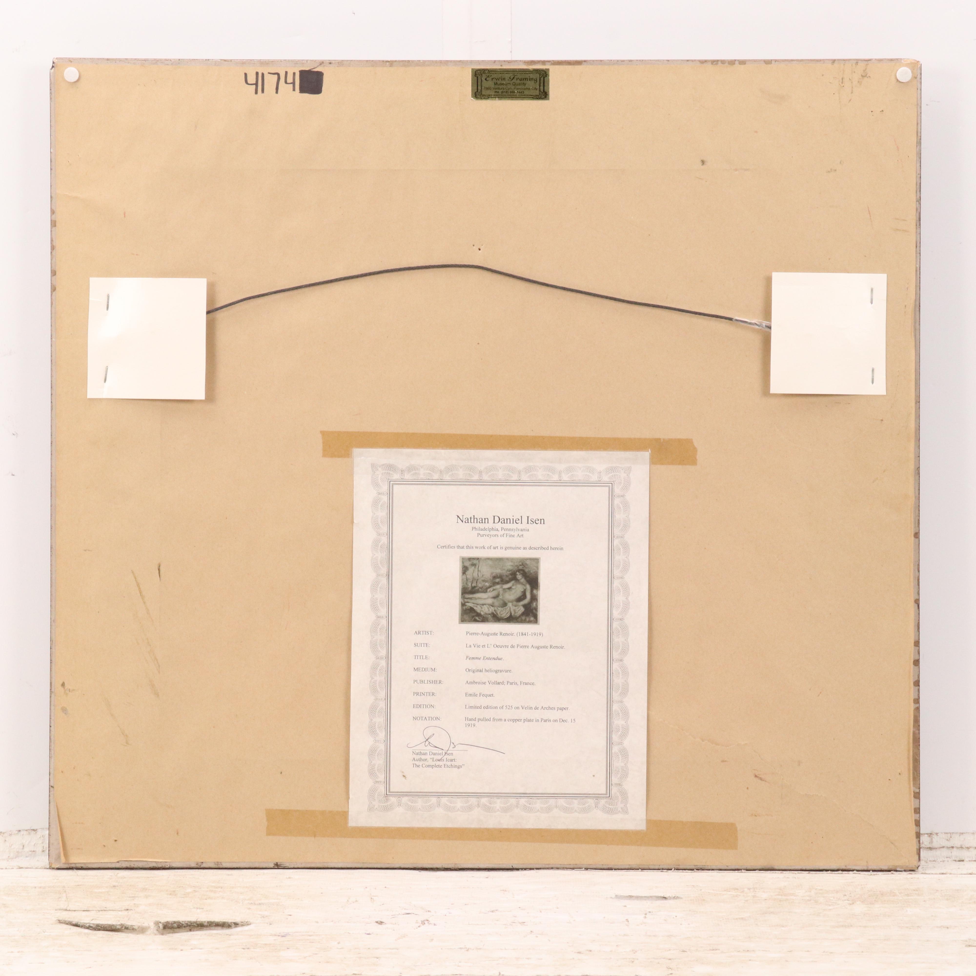 After Pierre-Auguste Renoir Heliogravure "Femme Entendue," 1919