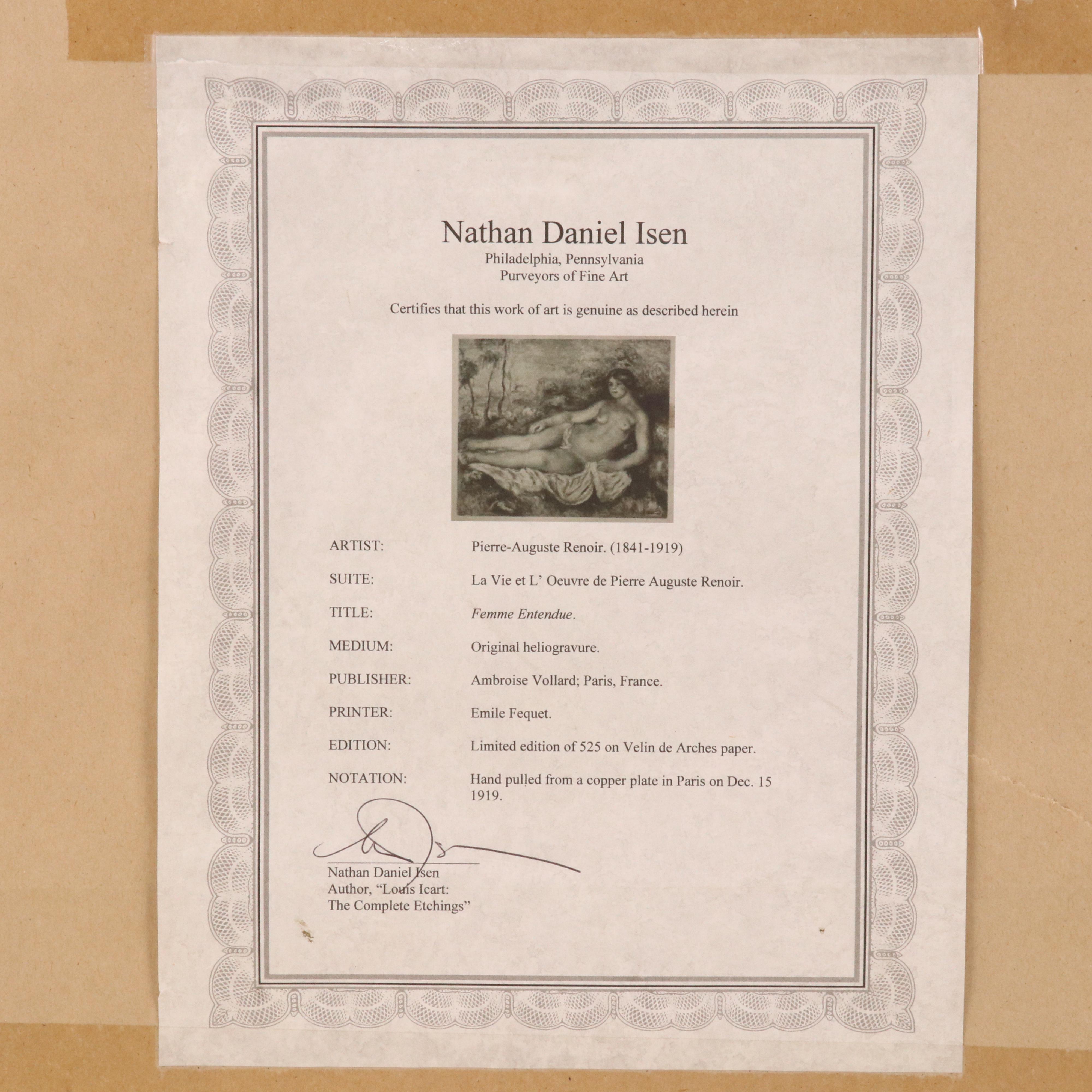 After Pierre-Auguste Renoir Heliogravure "Femme Entendue," 1919