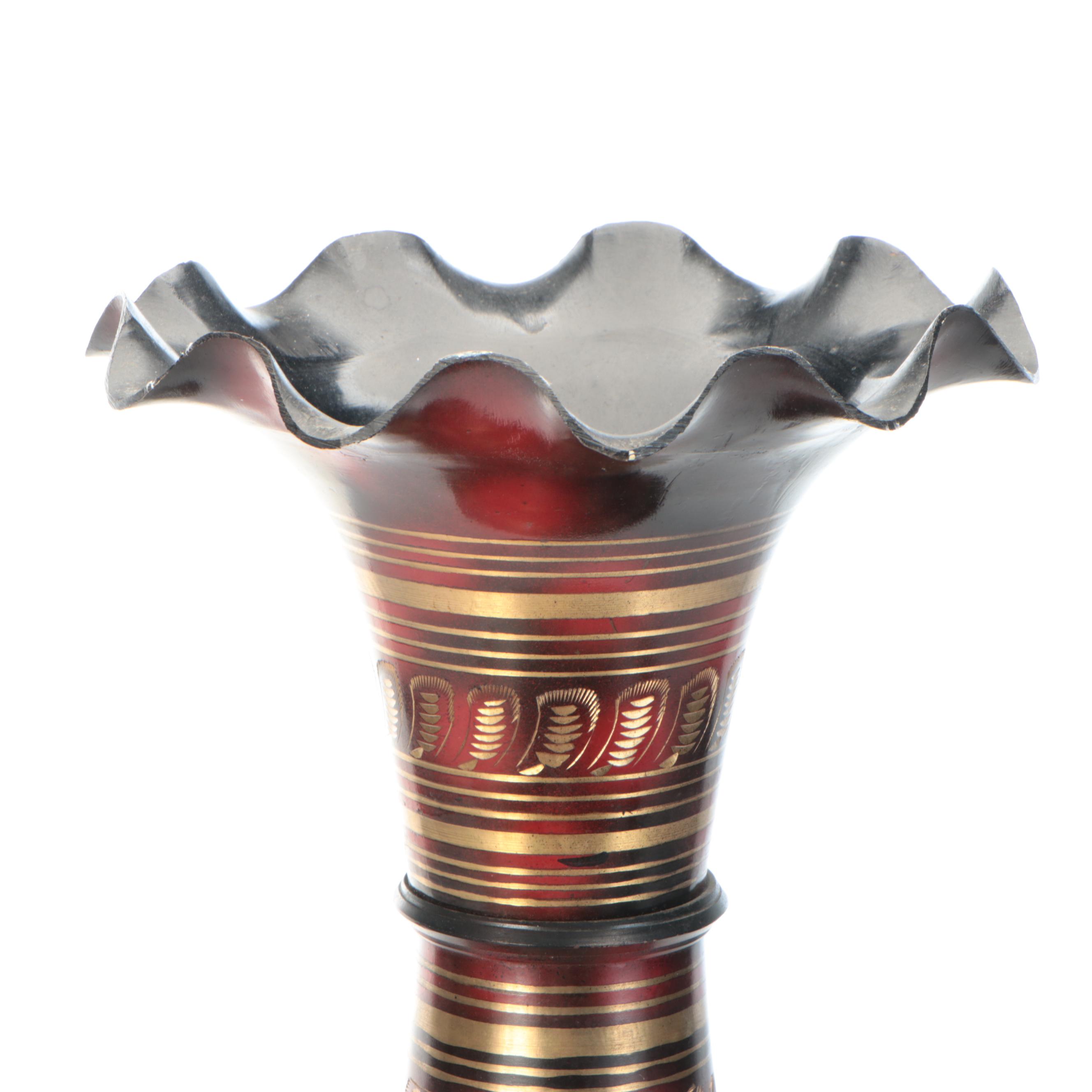 Indian Hand-Chased Brass and Enameled Vase