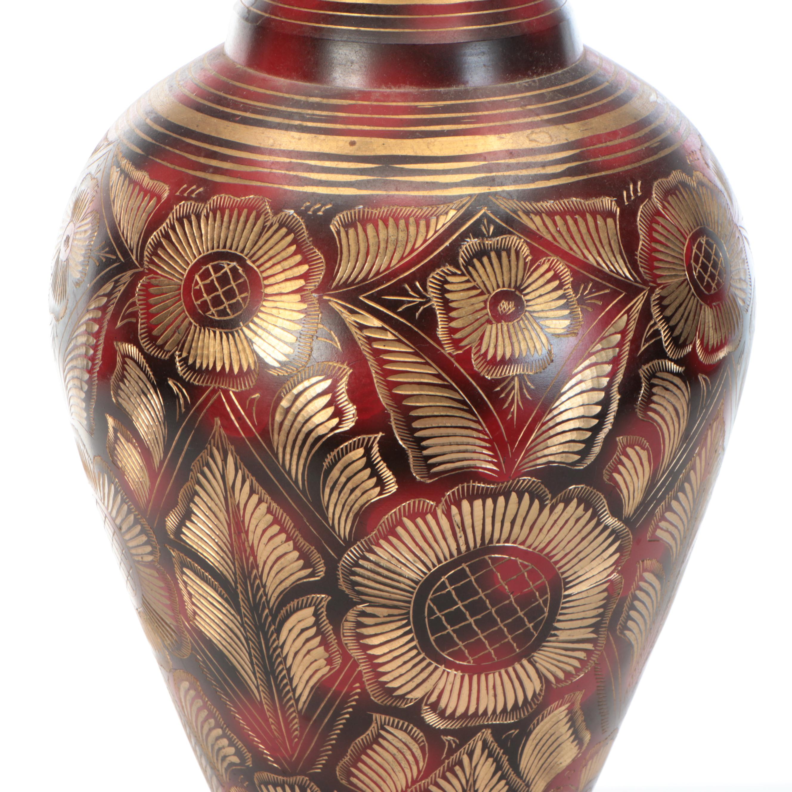 Indian Hand-Chased Brass and Enameled Vase