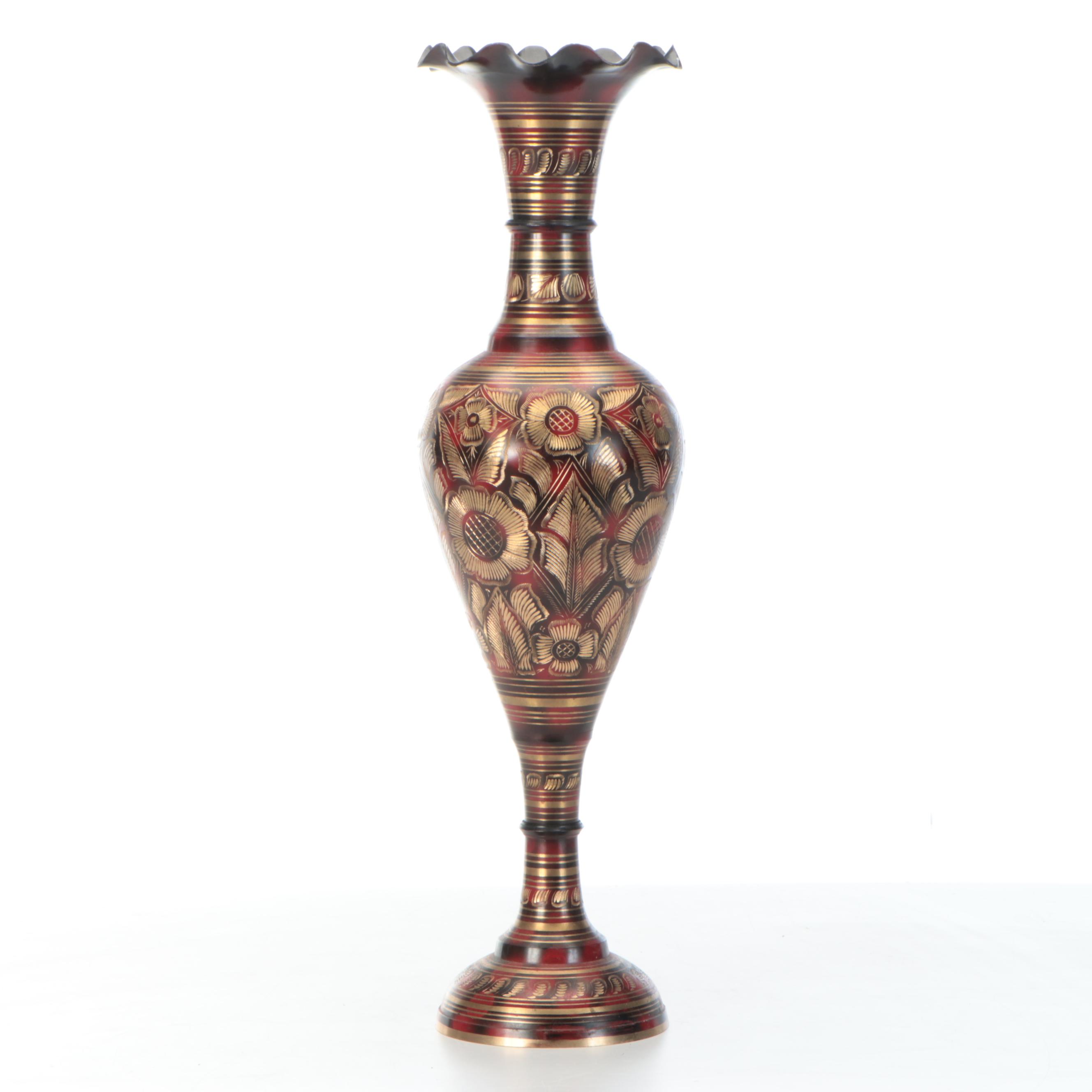 Indian Hand-Chased Brass and Enameled Vase